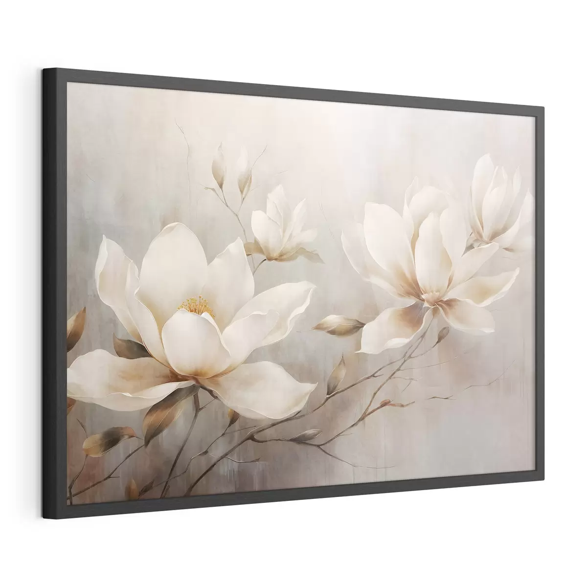 Poster Fleurs de magnolia blanches texturées sur des branches sur un fond marron clair f44869