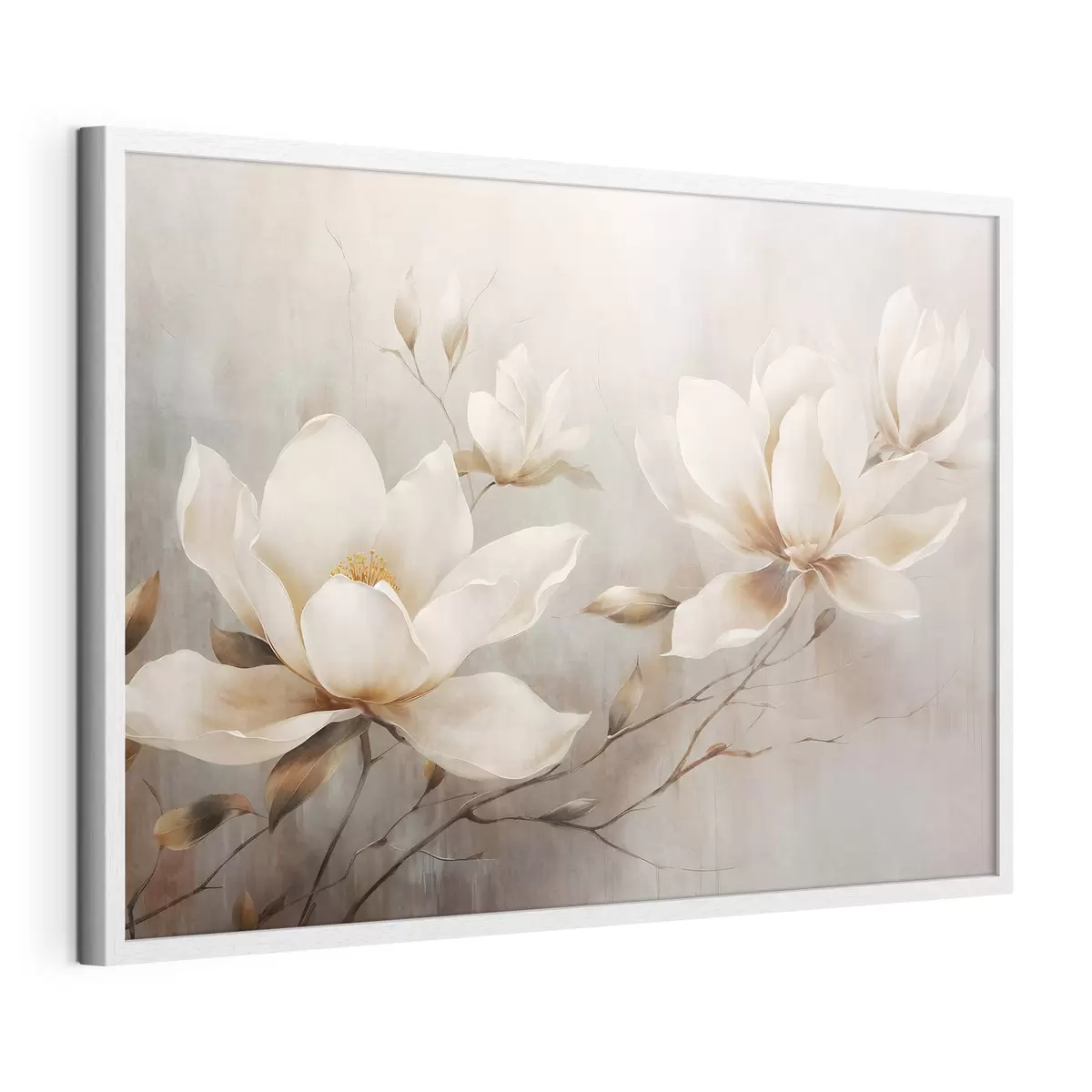 Poster Fleurs de magnolia blanches texturées sur des branches sur un fond marron clair f44869