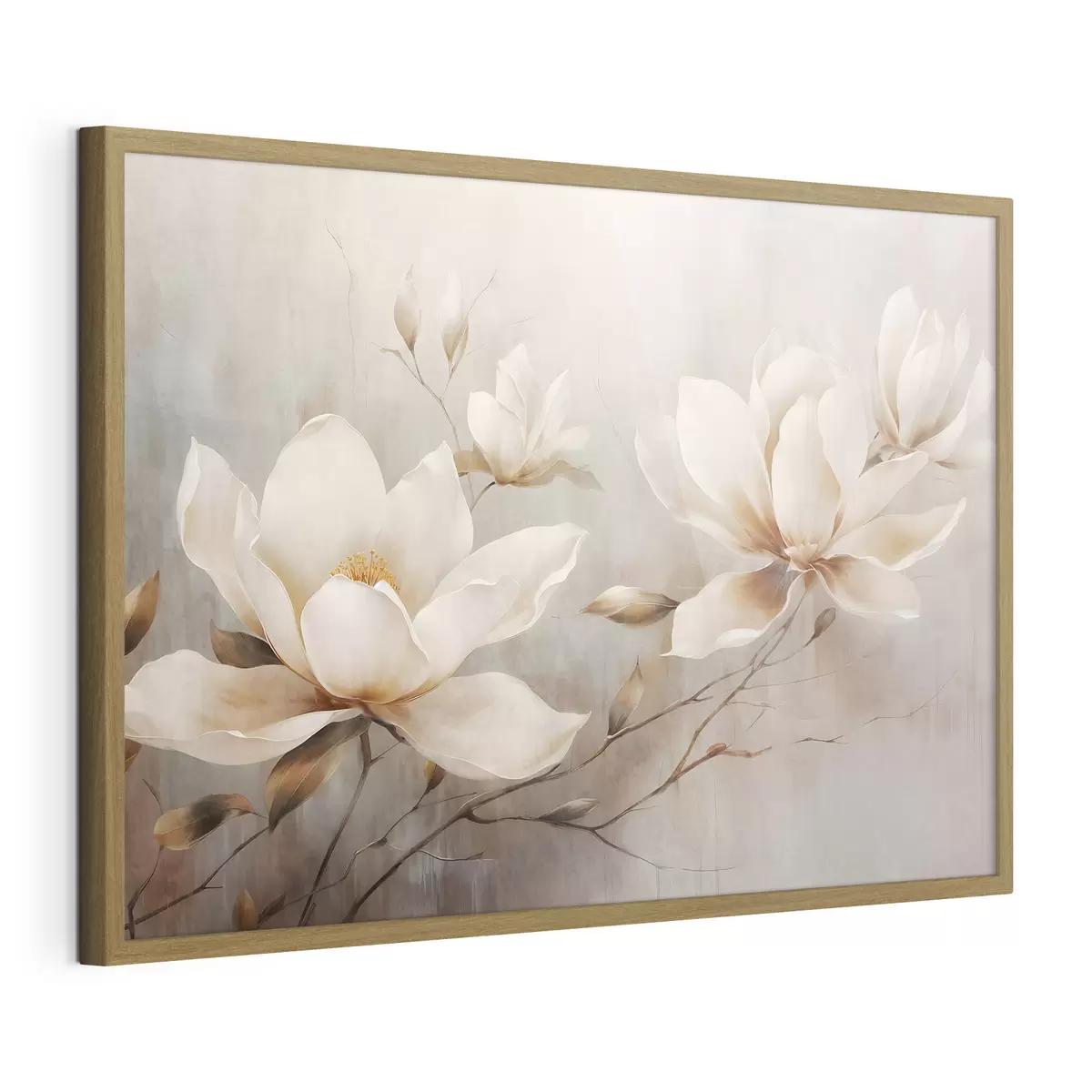 Poster Fleurs de magnolia blanches texturées sur des branches sur un fond marron clair f44869