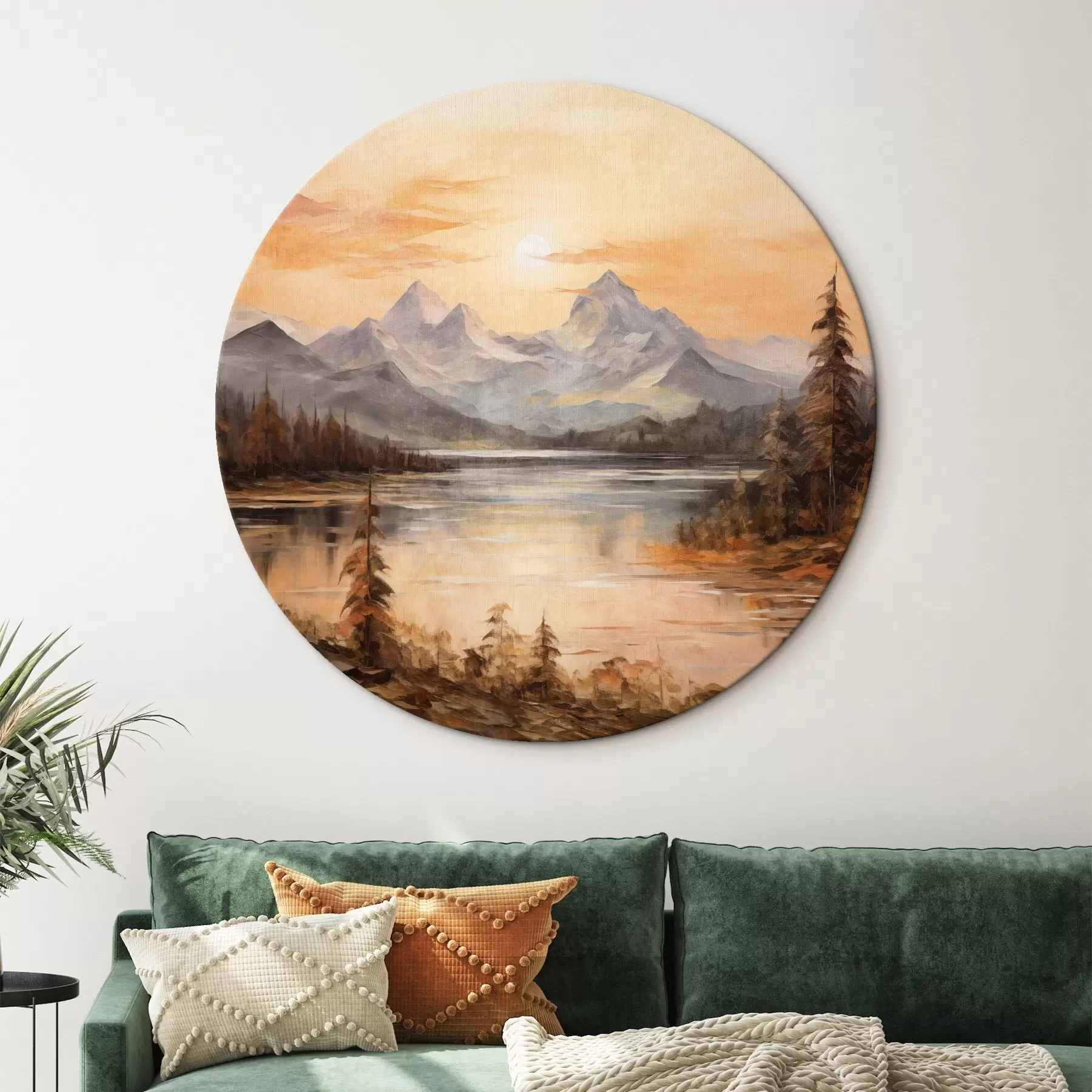 Tableau Paysage avec un lac entouré d'arbres et de montagnes en arrière-plan, ciel orange avec le soleil r44857