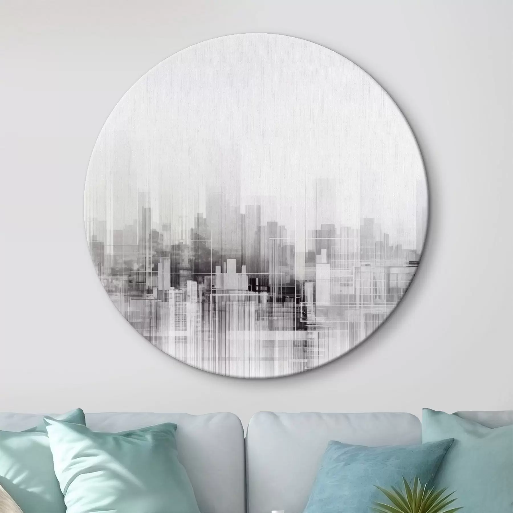 Tableau Paysage urbain minimaliste texturé avec de grands bâtiments et des gratte-ciel, silhouettés sur un ciel blanc r44863