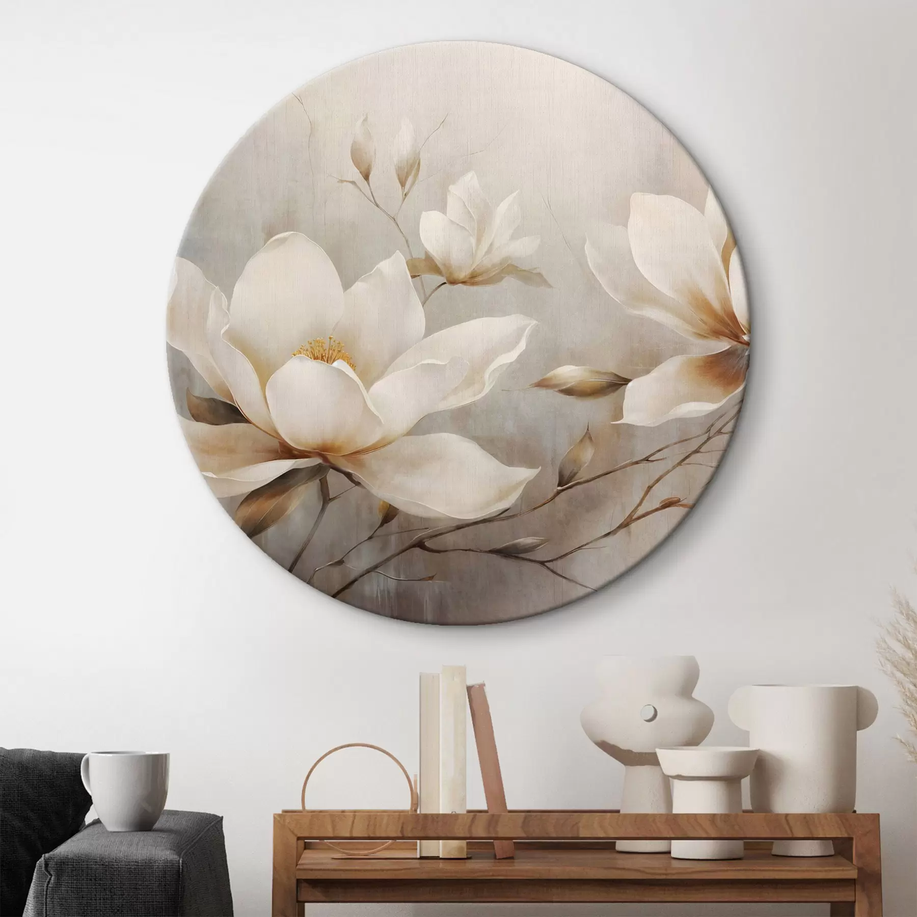 Tableau Fleurs de magnolia blanches texturées sur des branches sur un fond marron clair r44869