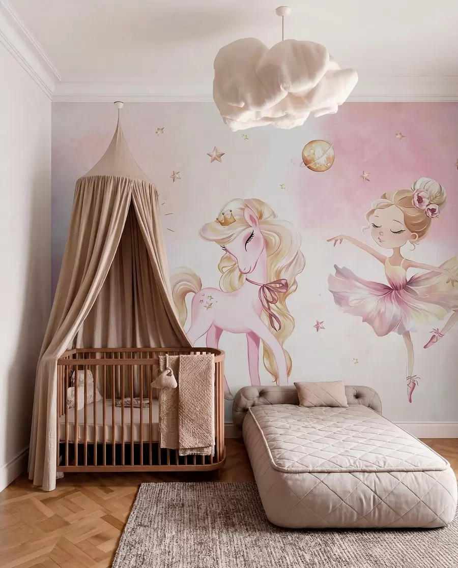Papier peint Licorne et ballerine dans un conte de fées rose, histoire pour enfants w04196