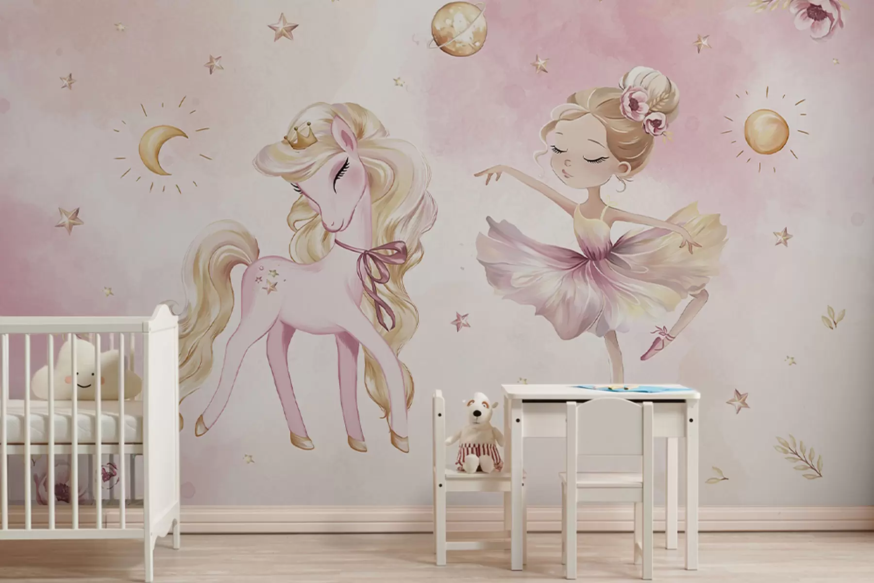Papier peint Licorne et ballerine dans un conte de fées rose, histoire pour enfants w04196