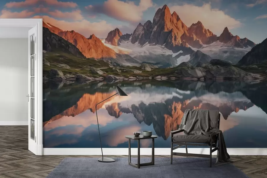 Papier peint Montagnes à l'aube, reflet dans l'eau, paysage réaliste w04150