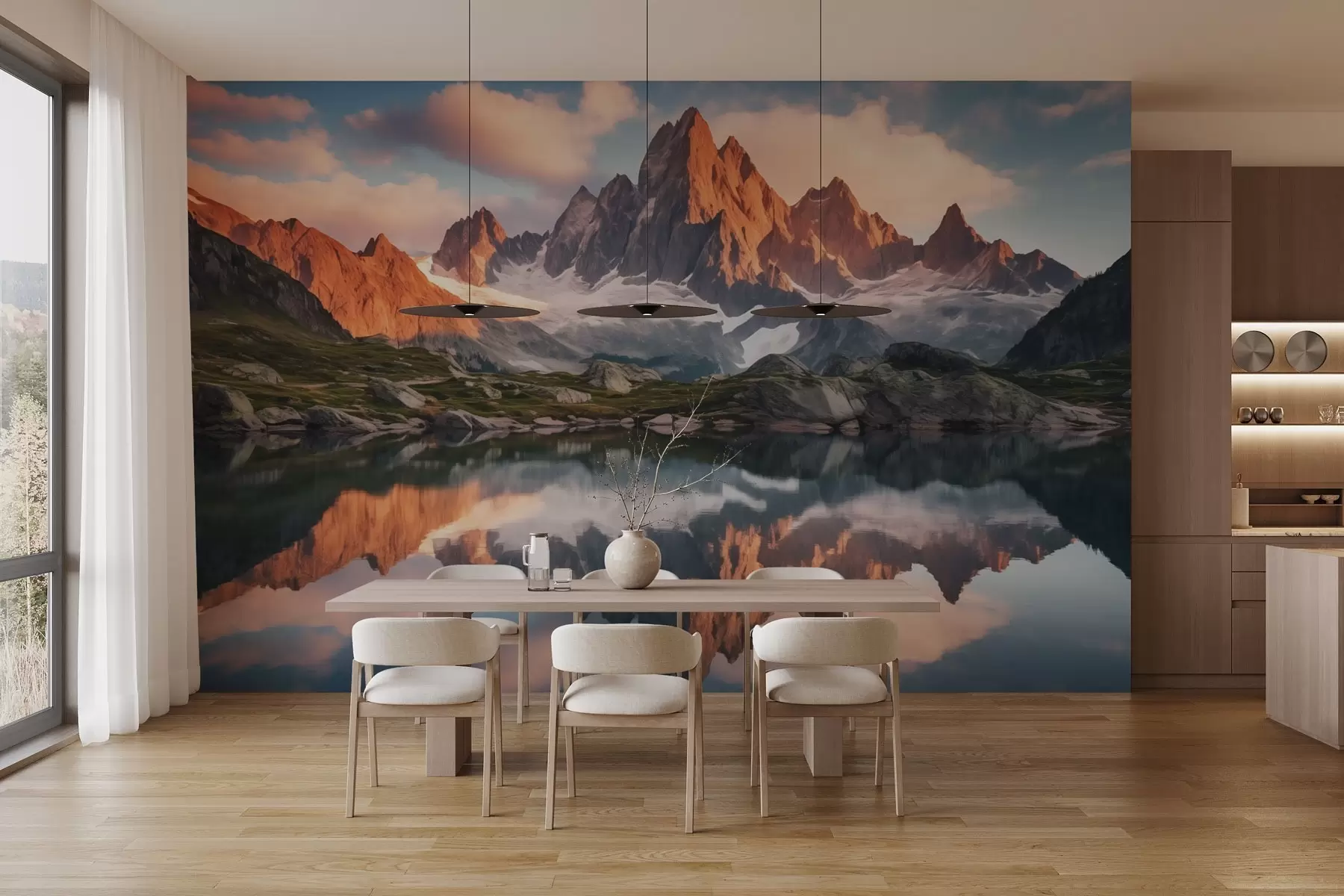 Papier peint Montagnes à l'aube, reflet dans l'eau, paysage réaliste w04150