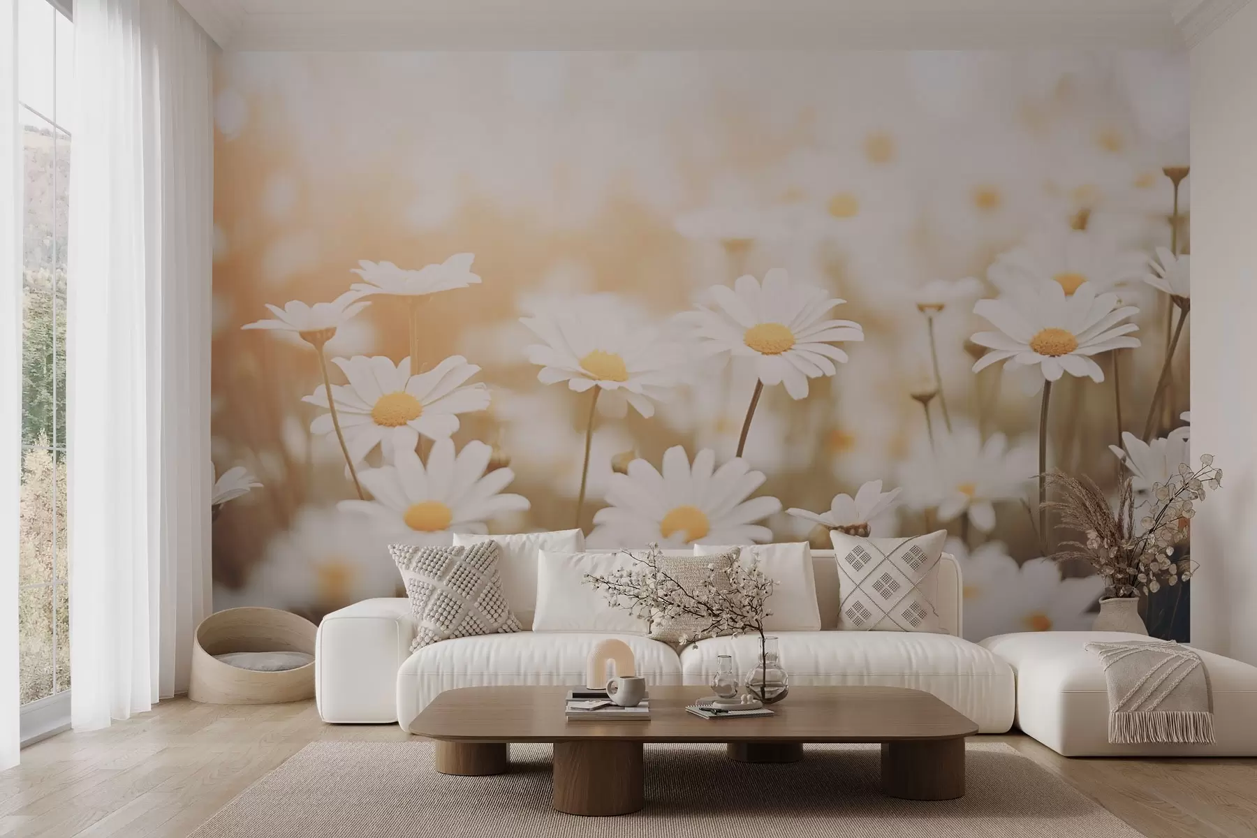 Papier peint Marguerites sauvages sur fond clair avec effet de flou artistique w04161