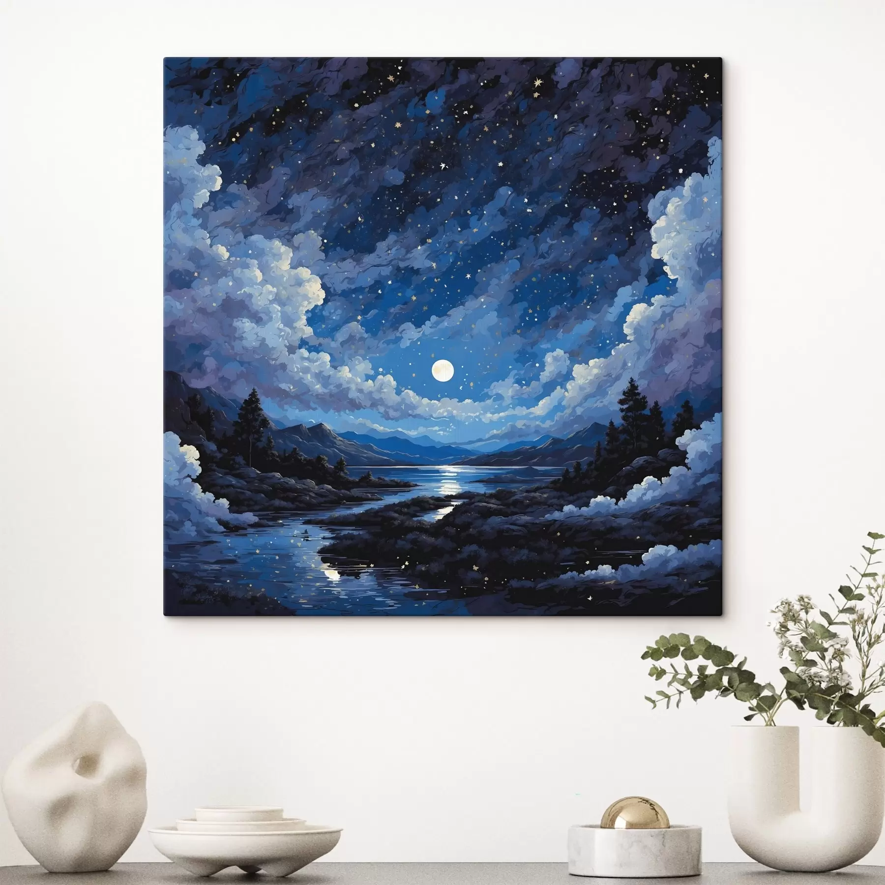 Tableau Ciel nocturne avec lune et étoiles sur un paysage de montagne s44872