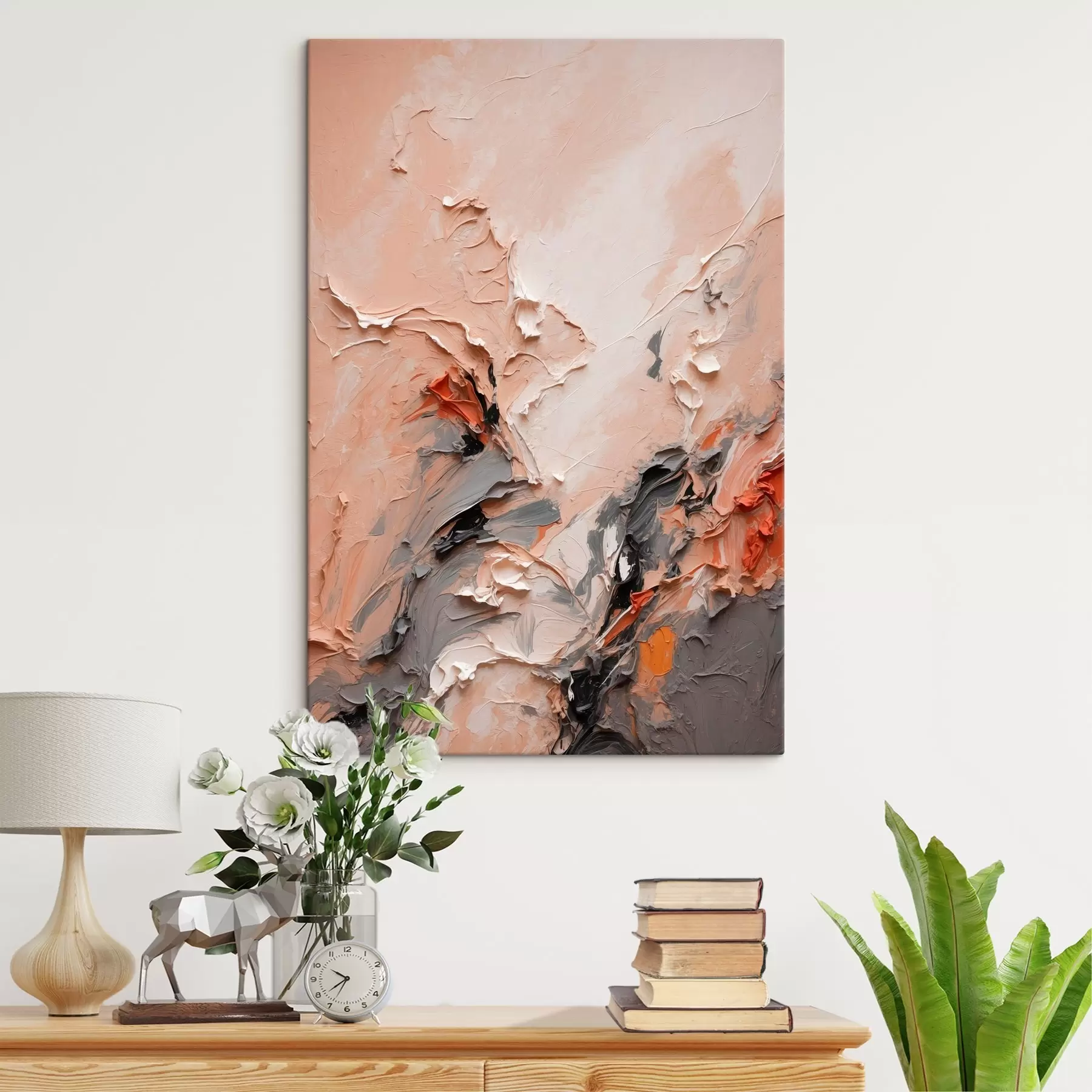 Tableau Abstrait dans les tons gris pêche avec des traits texturés s44873