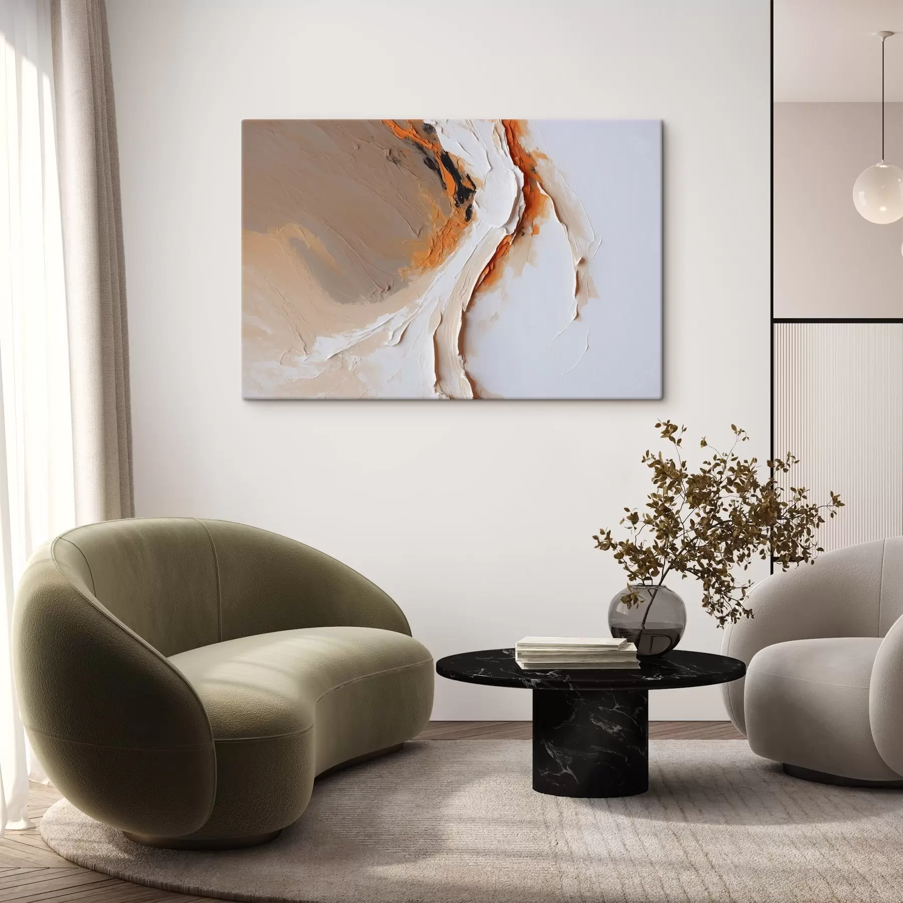 Tableau Pastel doux avec accent orange et traits lisses s44874