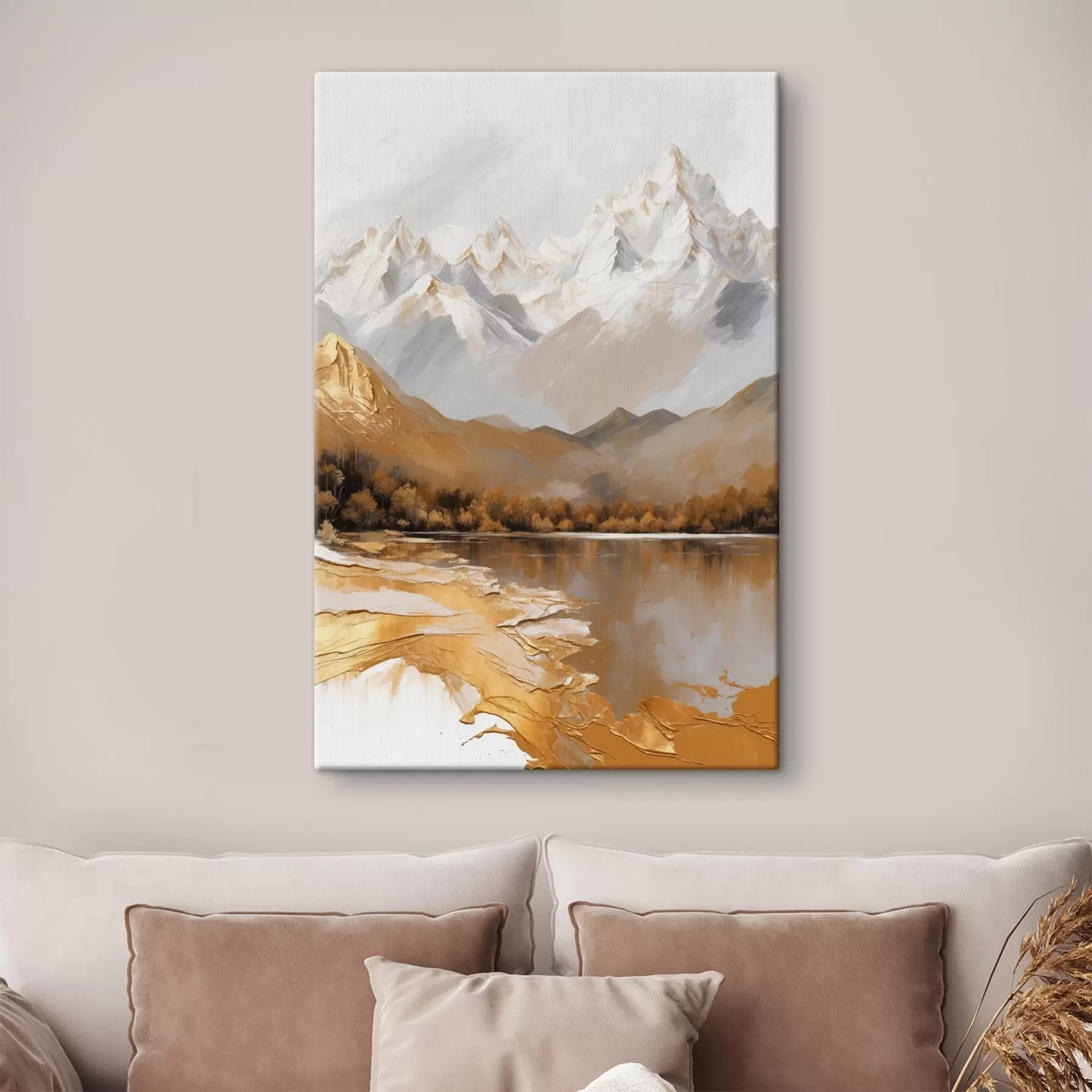 Tableau Paysage de montagne avec un lac dans des couleurs chaudes s44877