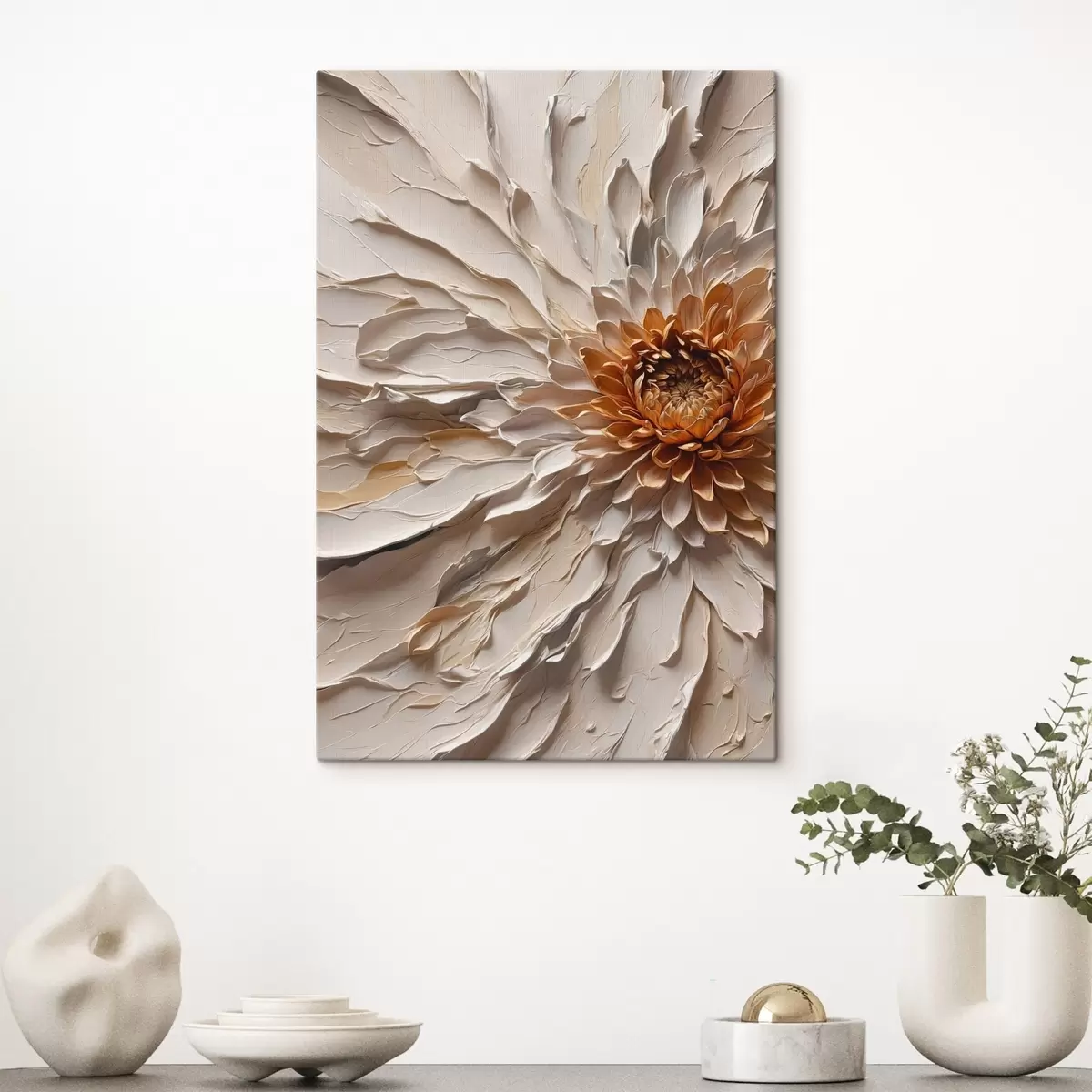 Tableau Fleur volumétrique aux pétales crémeux et au cœur chaud s44878