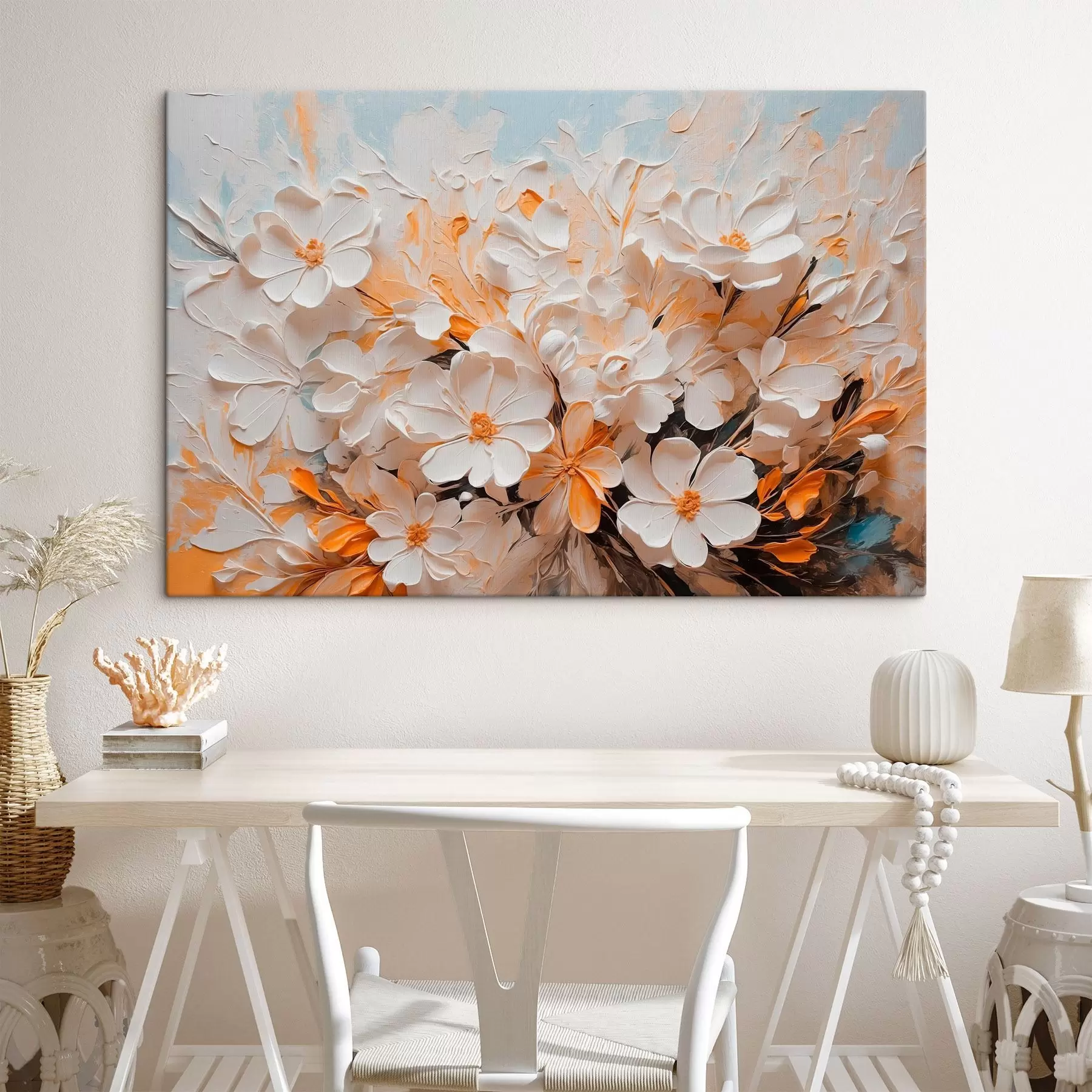 Tableau Fleurs blanches et pêche sur fond bleu avec des pastels s44879