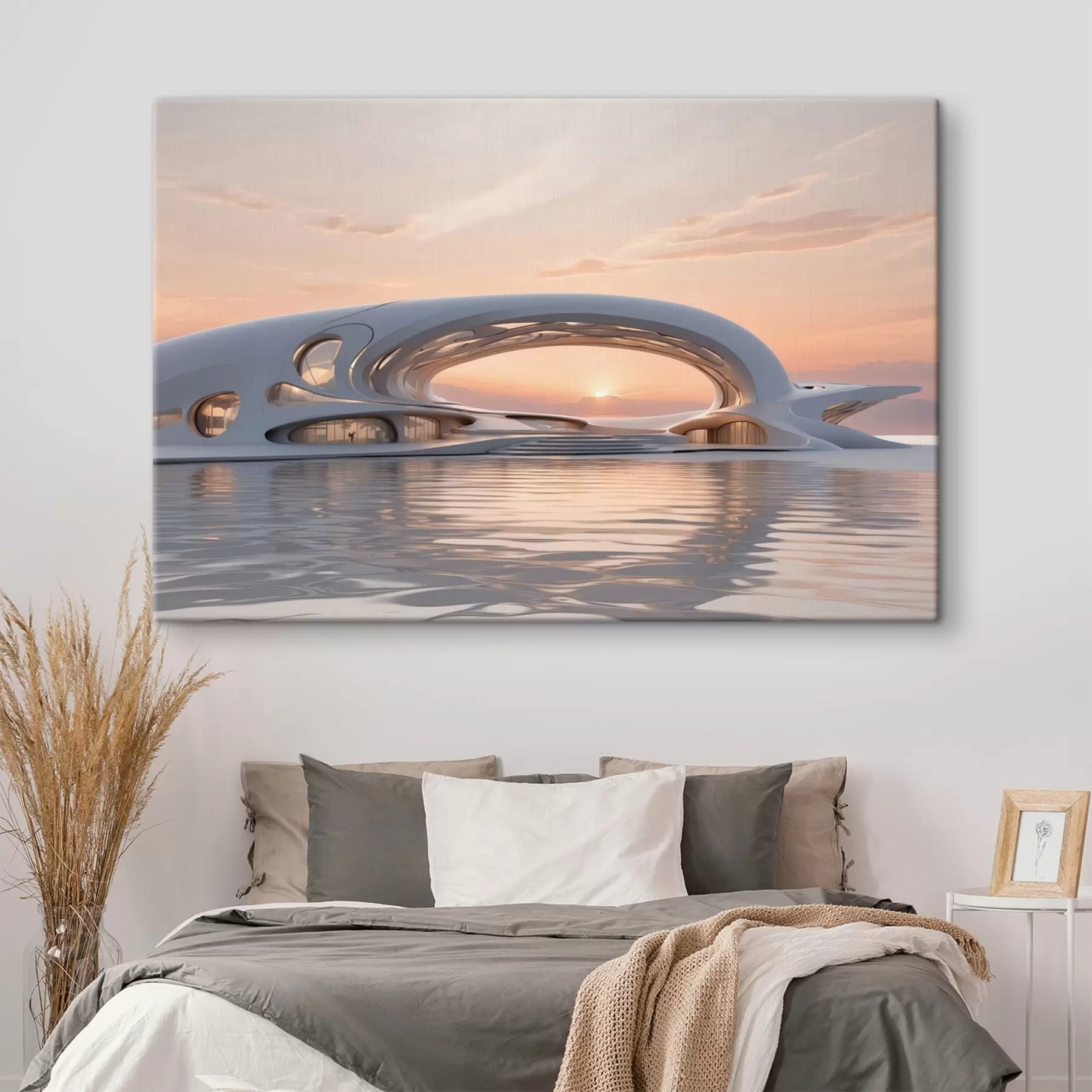 Tableau Bâtiment futuriste sur l'eau sur fond de coucher de soleil rose s44884