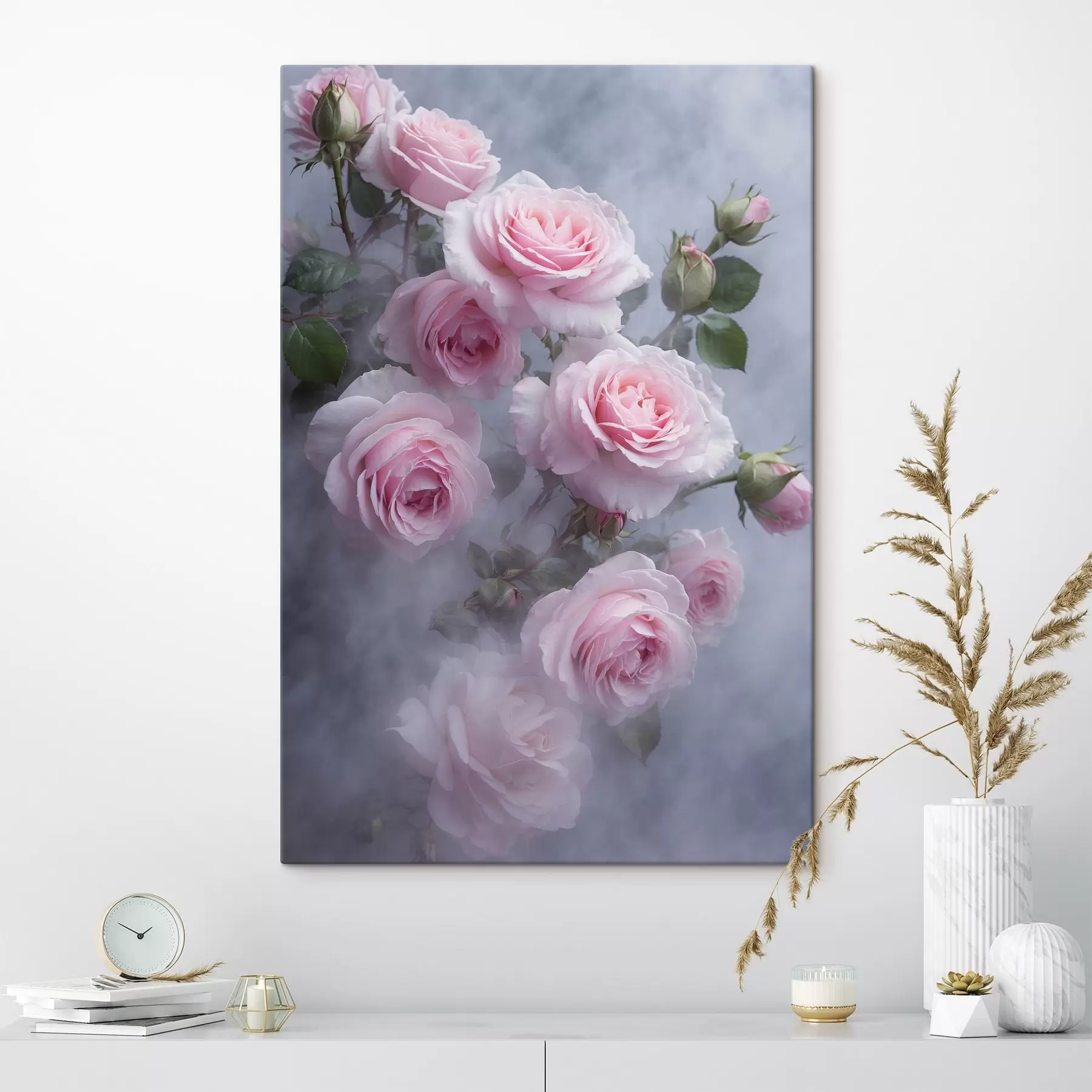 Papier peint Roses roses dans le brouillard avec des feuilles vertes s44892