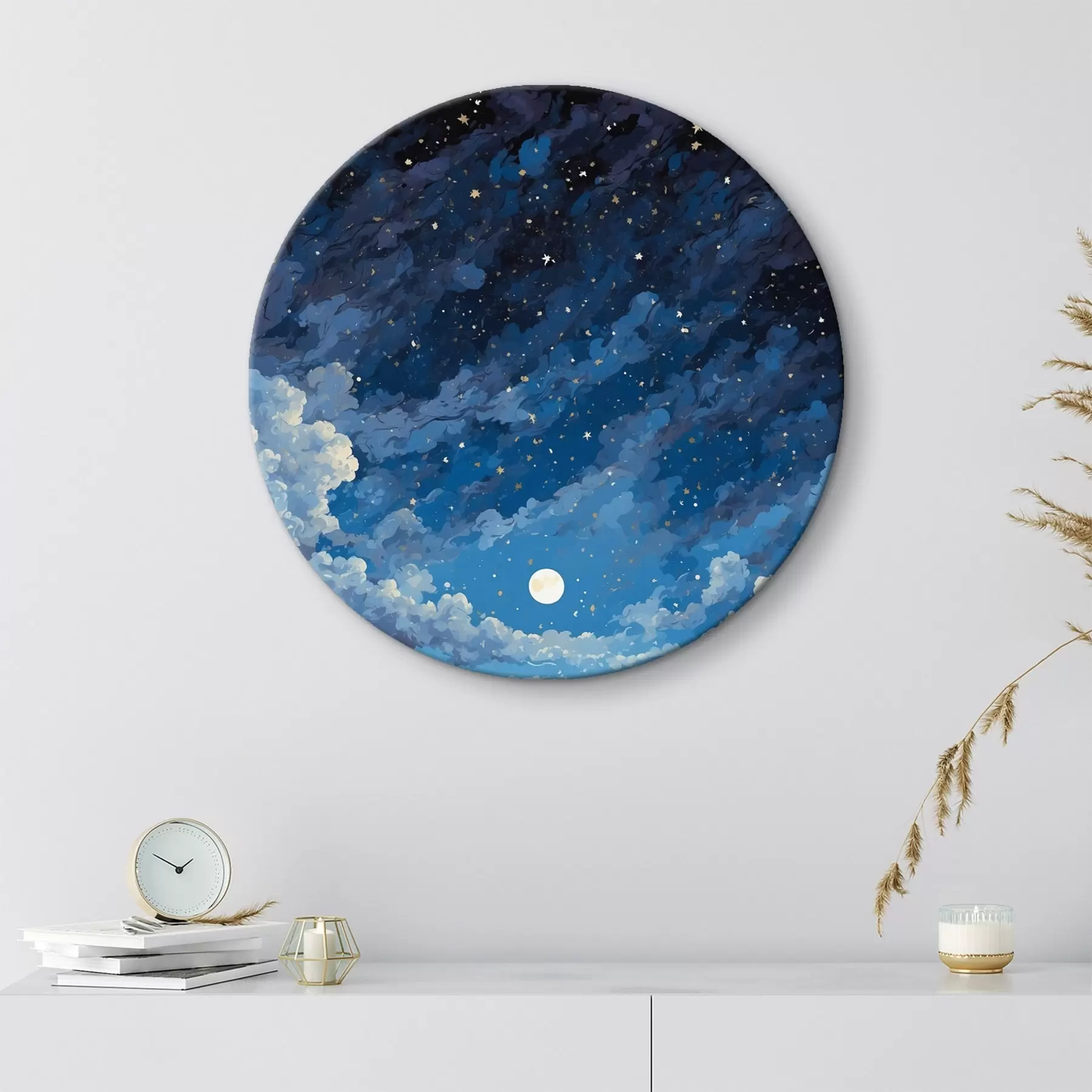 Tableau Ciel nocturne avec lune et étoiles sur un paysage de montagne r44872
