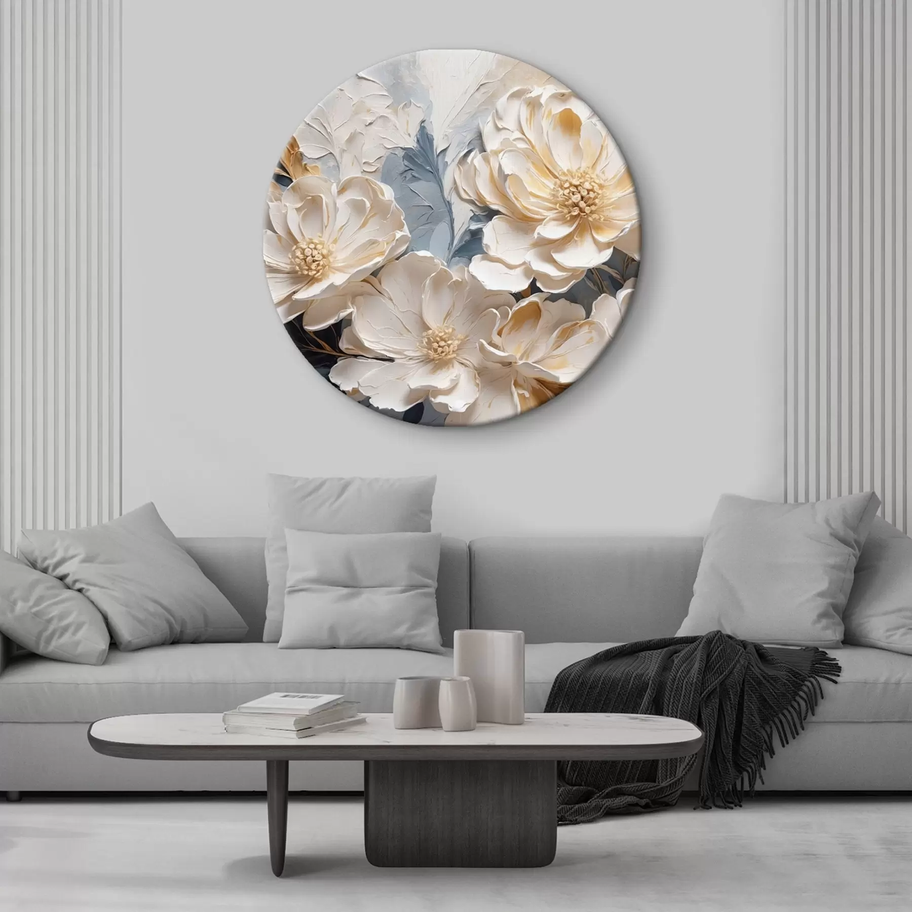 Tableau Pivoines crème volumineuses sur fond bleu clair r44880