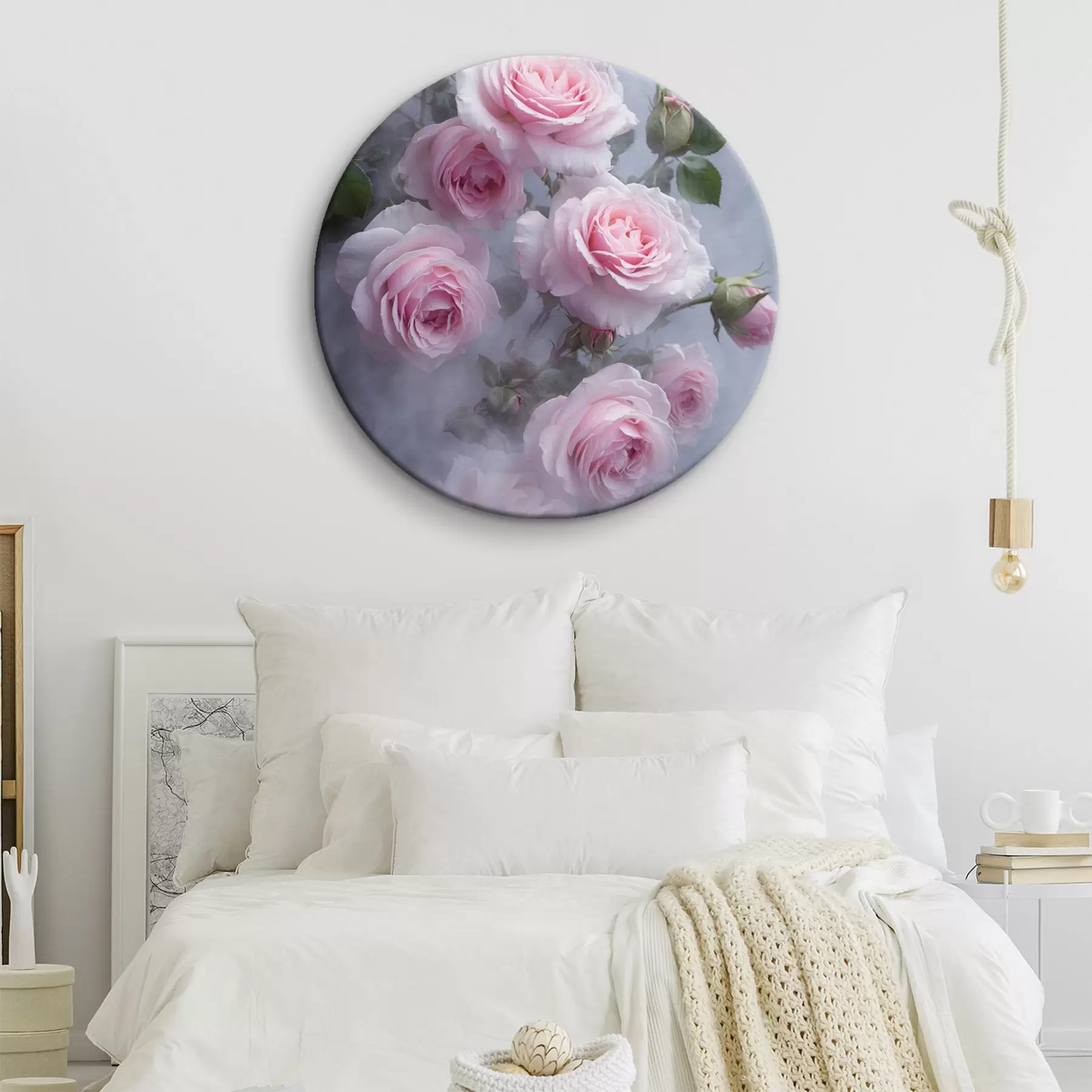 Tableau Roses roses dans le brouillard avec des feuilles vertes r44892