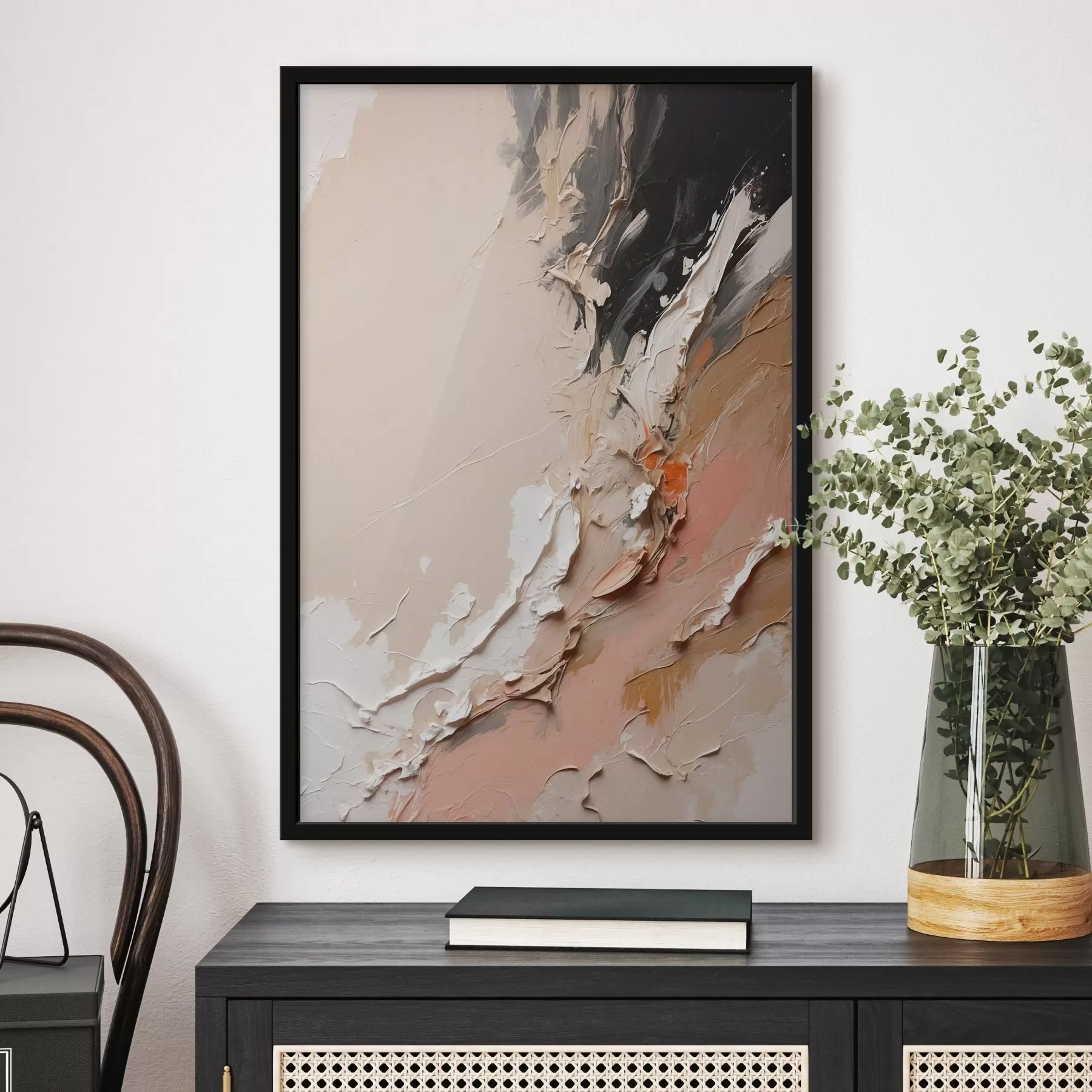 Tableau Abstraction beige et noire avec des accents de rose et de blanc f44875