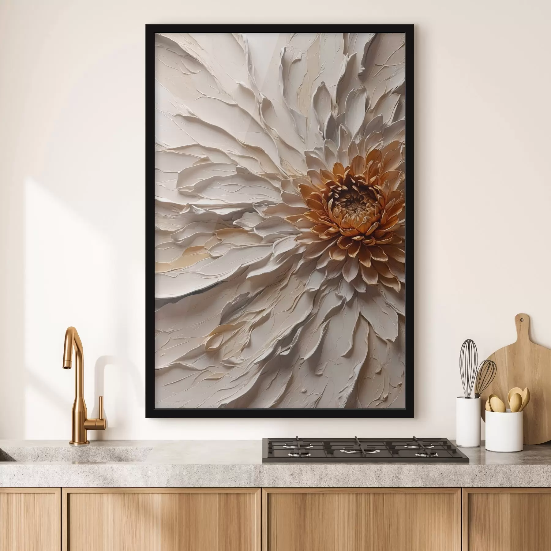 Tableau Fleur volumétrique aux pétales crémeux et au cœur chaud f44878