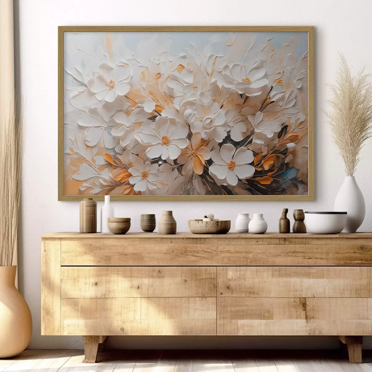 Poster Fleurs blanches et pêche sur fond bleu avec des pastels f44879