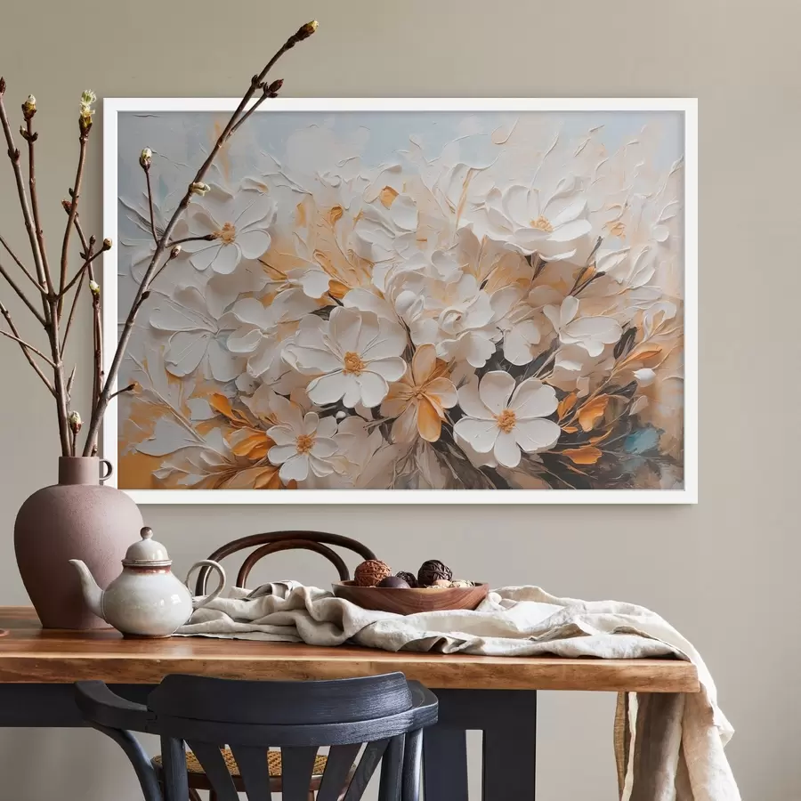 Papier peint Fleurs blanches et pêche sur fond bleu avec des pastels f44879