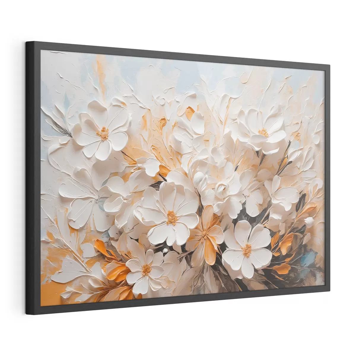 Poster Fleurs blanches et pêche sur fond bleu avec des pastels f44879