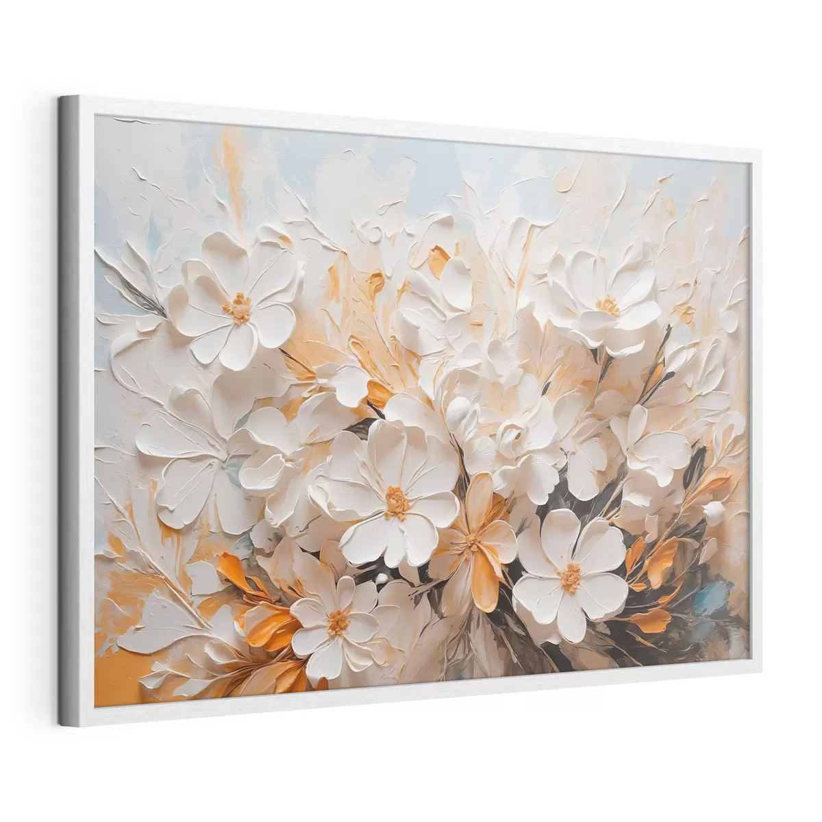 Poster Fleurs blanches et pêche sur fond bleu avec des pastels f44879