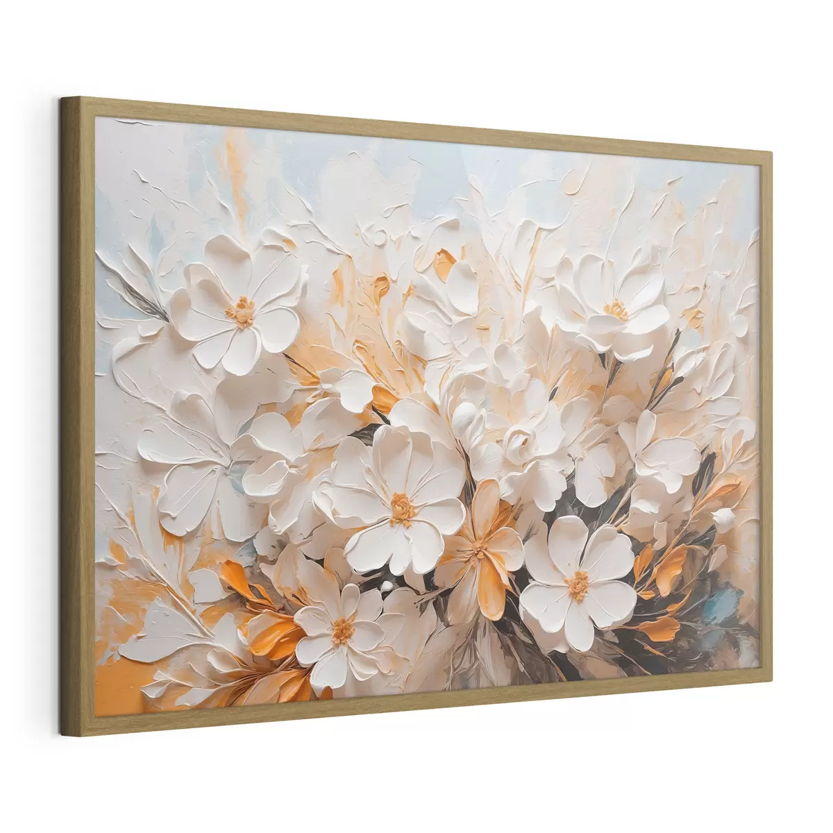 Poster Fleurs blanches et pêche sur fond bleu avec des pastels f44879