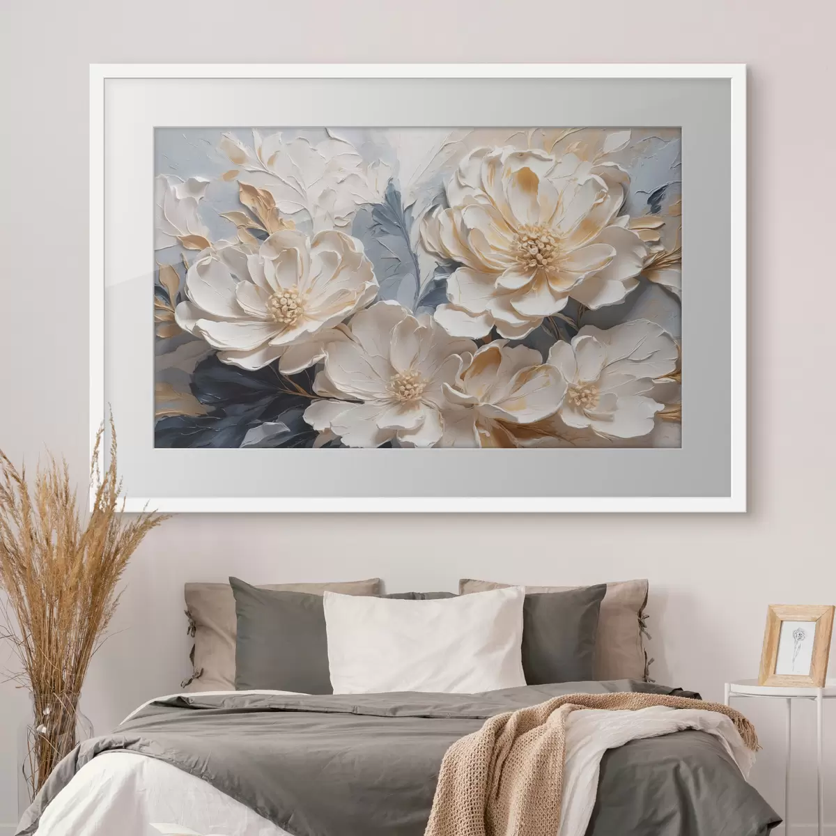 Poster Pivoines crème volumineuses sur fond bleu clair f44880