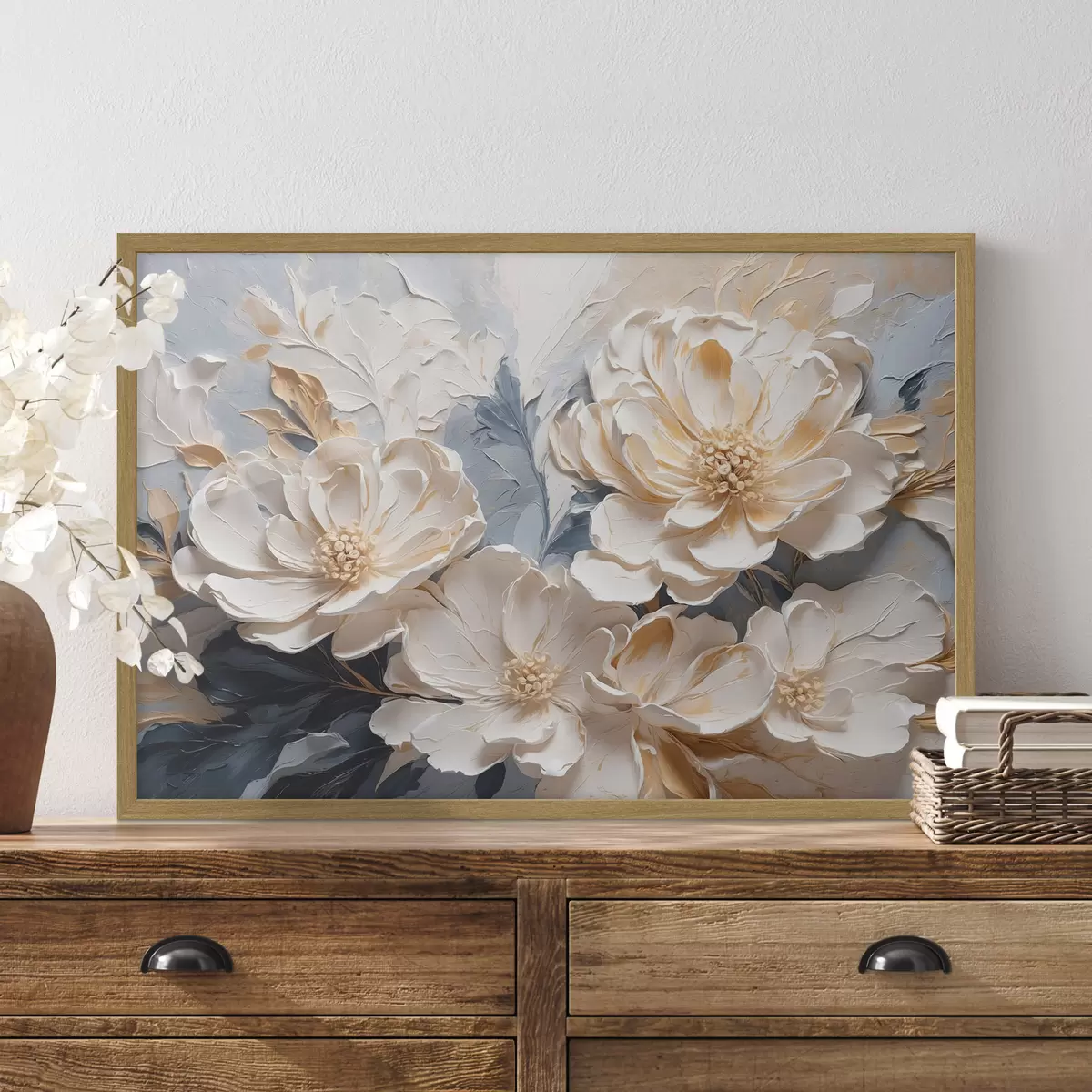 Poster Pivoines crème volumineuses sur fond bleu clair f44880