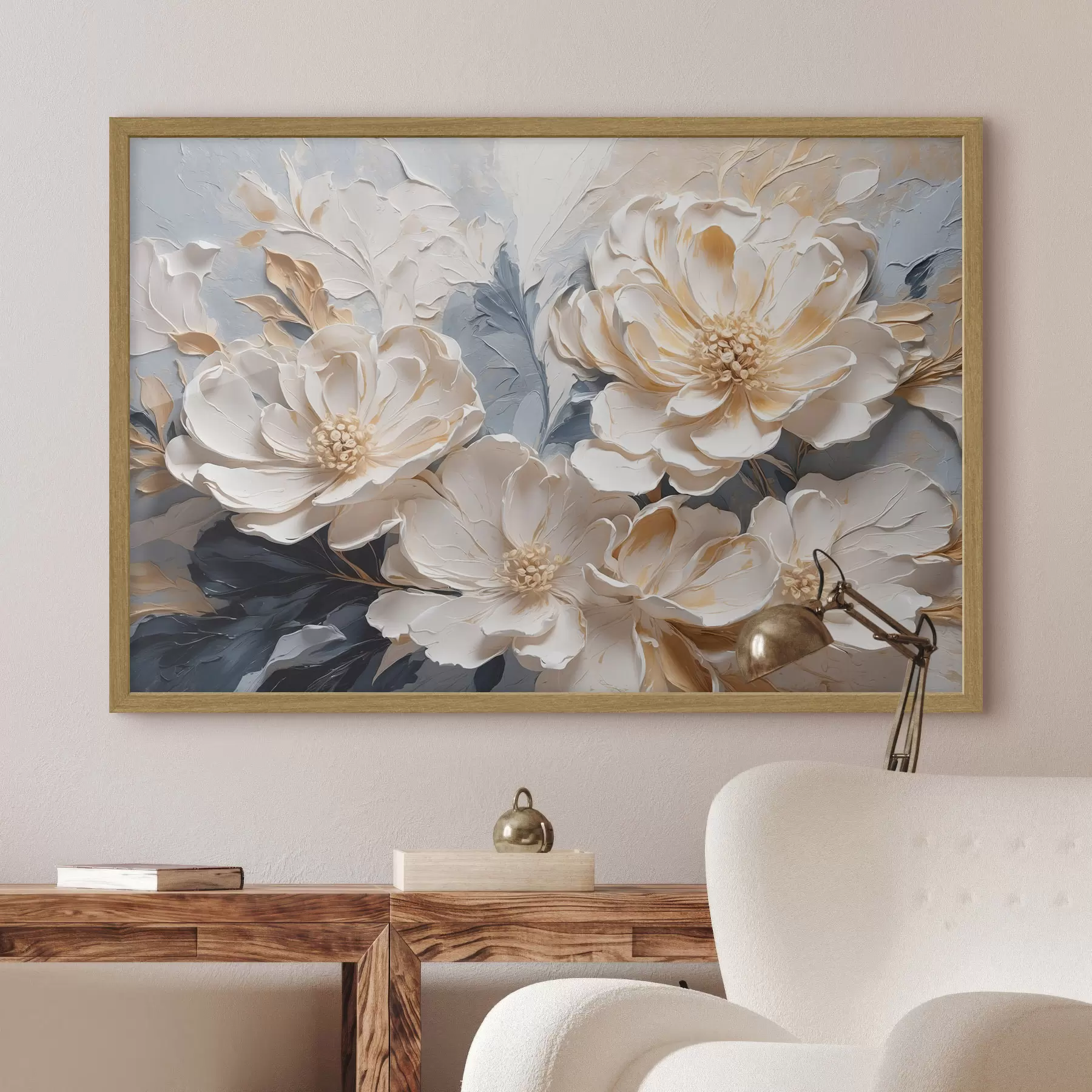 Papier peint Pivoines crème volumineuses sur fond bleu clair f44880