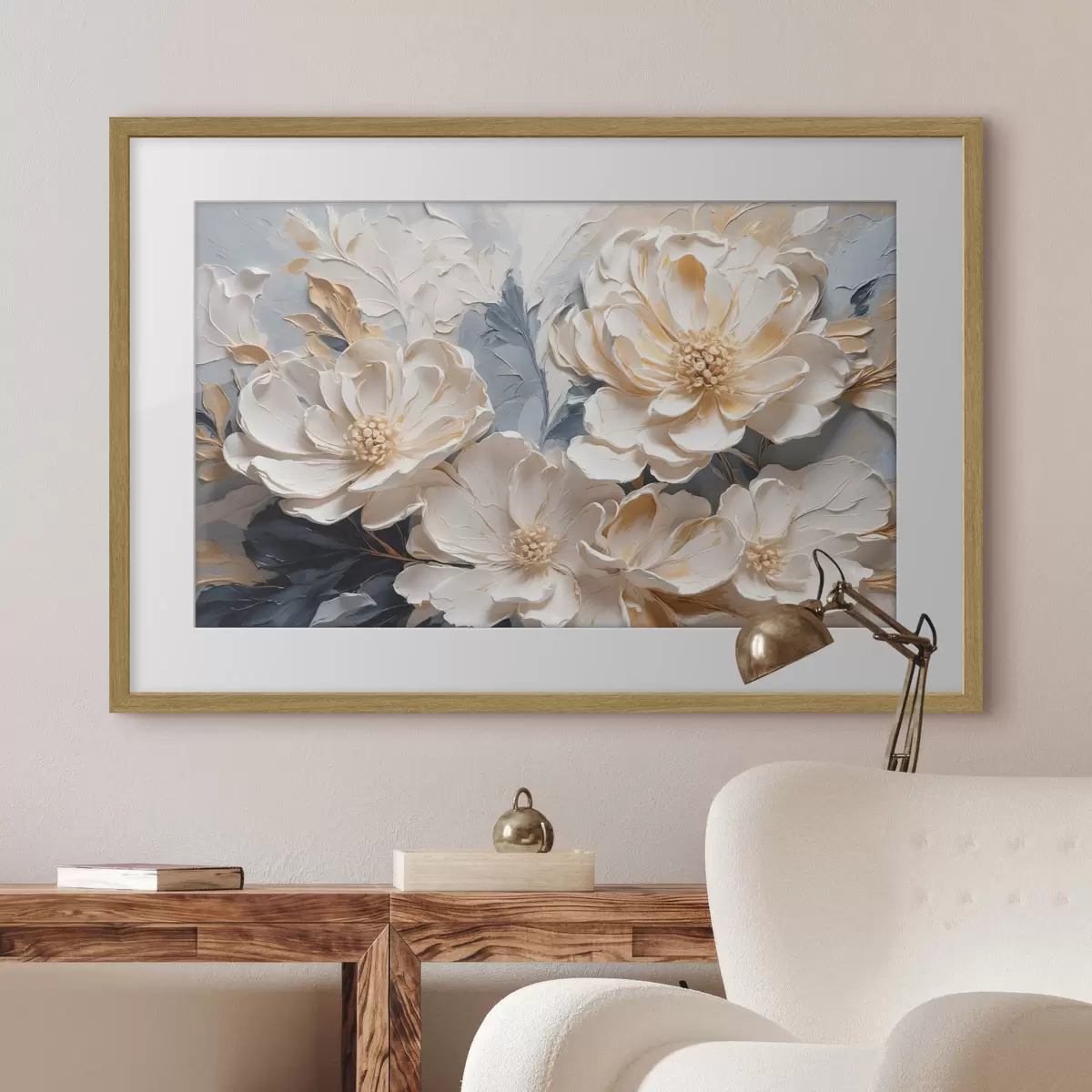 Poster Pivoines crème volumineuses sur fond bleu clair f44880