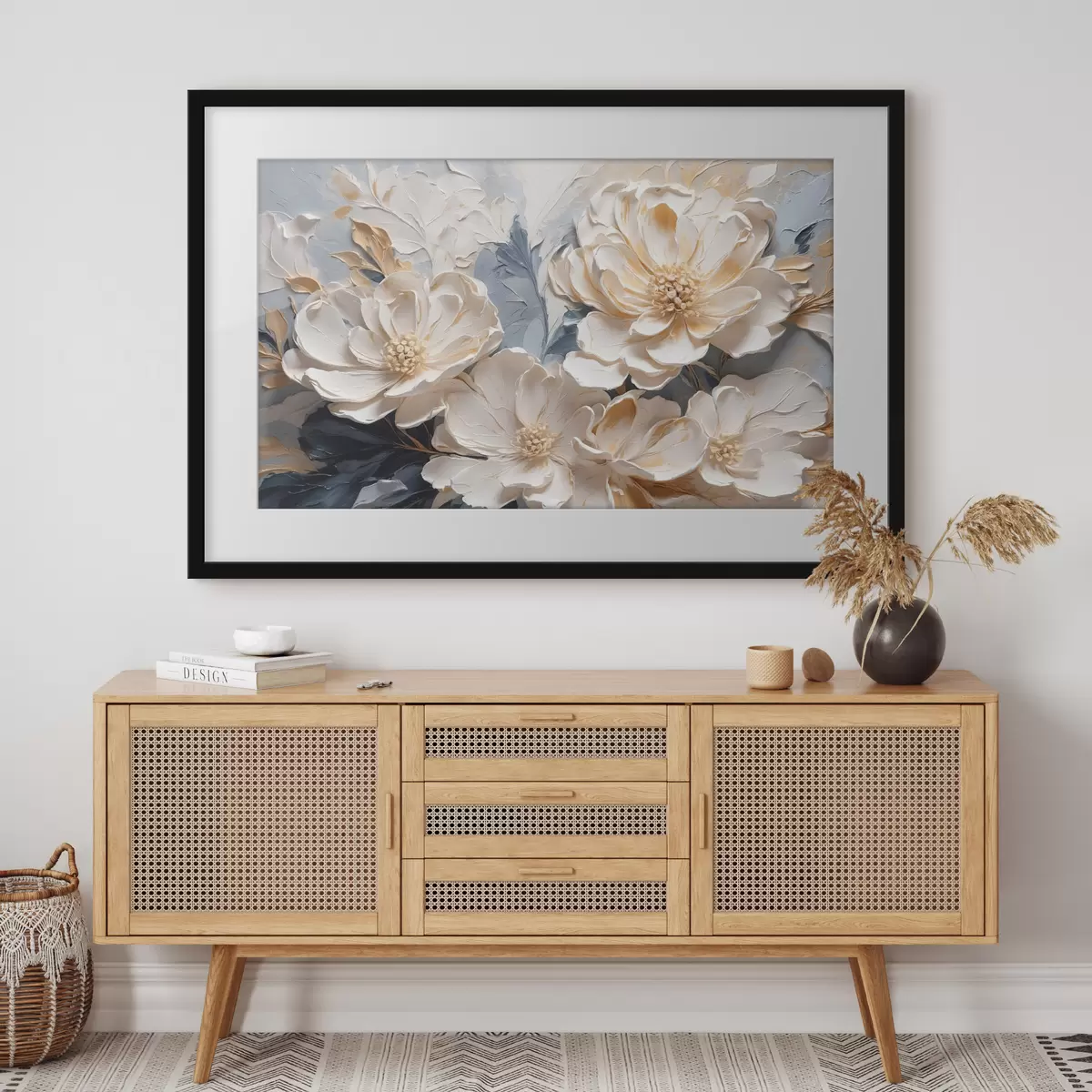 Poster Pivoines crème volumineuses sur fond bleu clair f44880