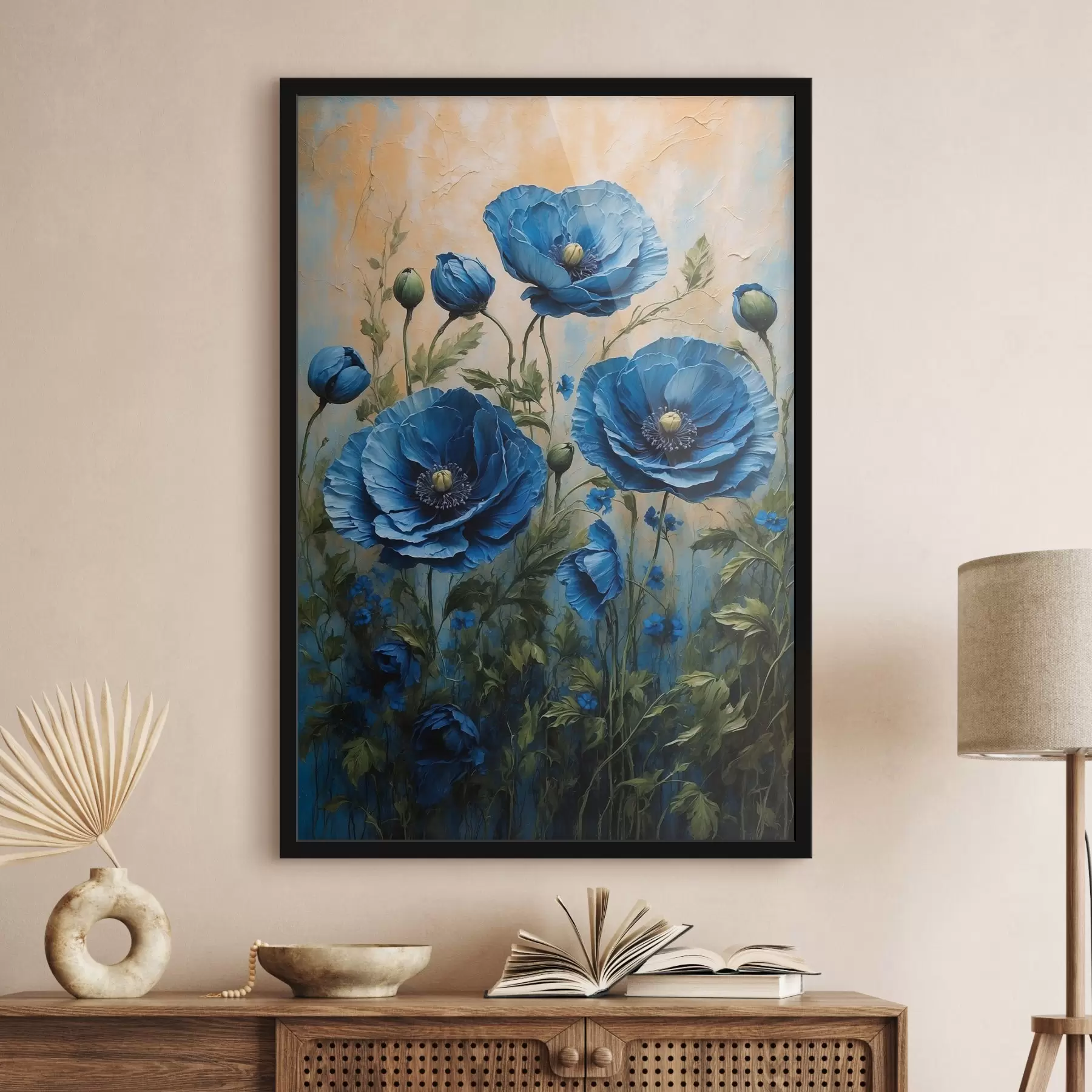 Papier peint Coquelicots bleus sur fond pastel avec des feuilles f44882