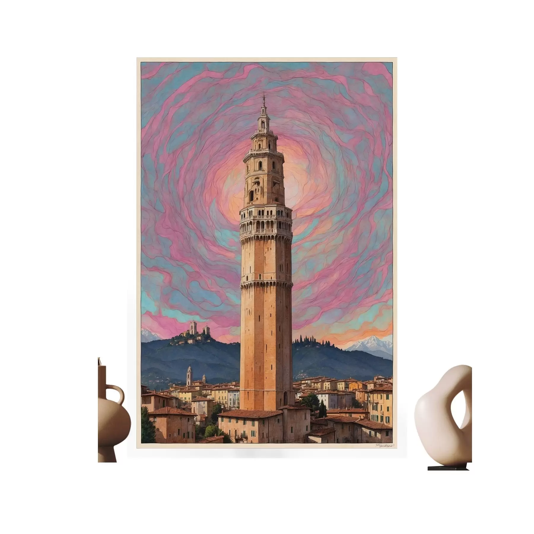 Papier peint Tour fantastique sur fond de ciel avec des spirales roses et bleues f44885