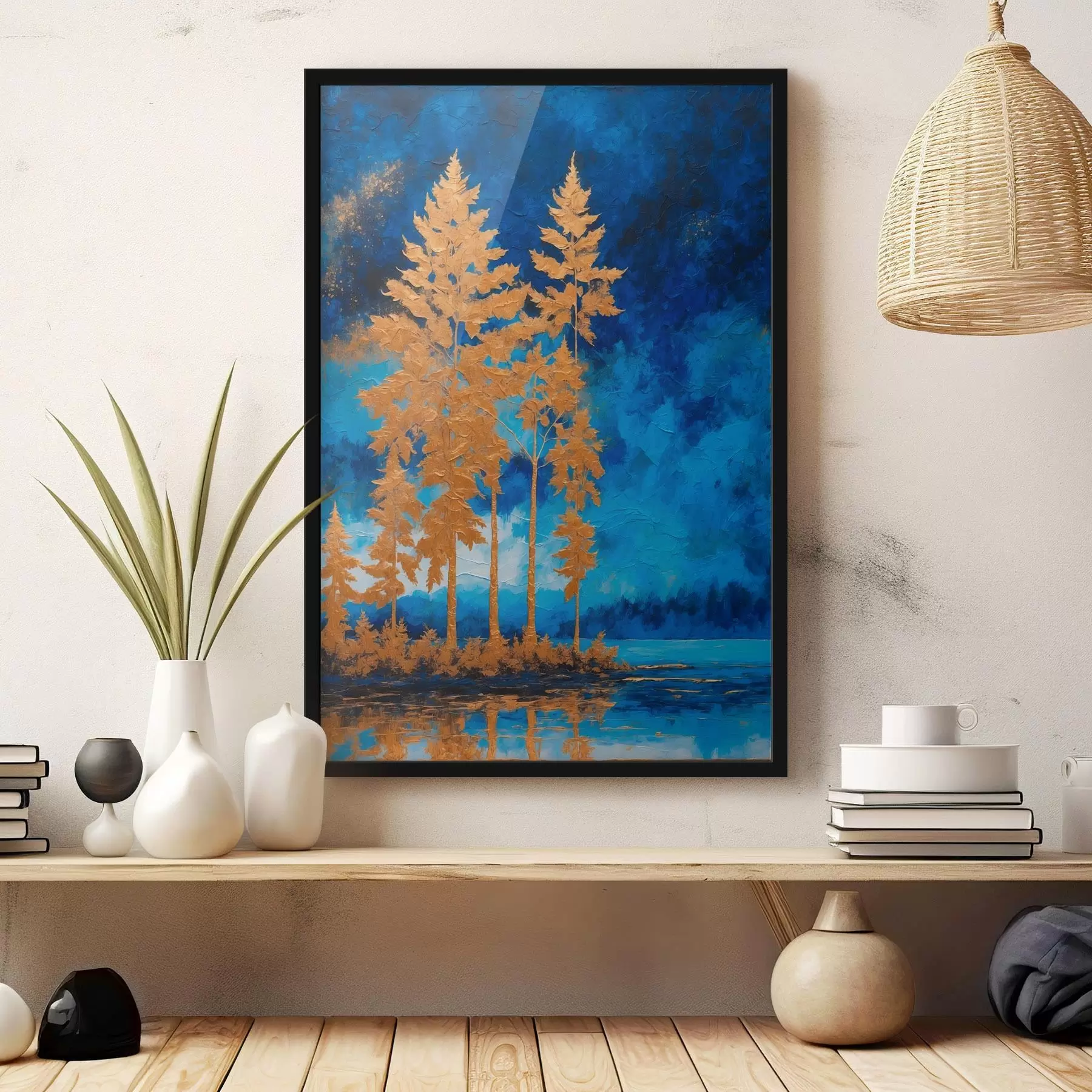 Papier peint Arbres sur fond de ciel nocturne dans les tons bleus f44888