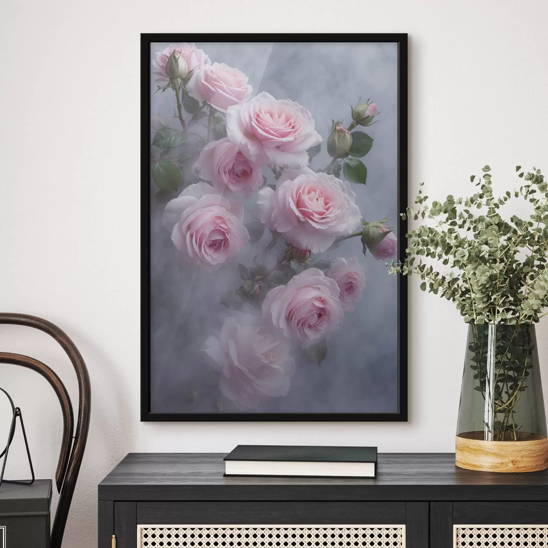 Tableau Roses roses dans le brouillard avec des feuilles vertes f44892