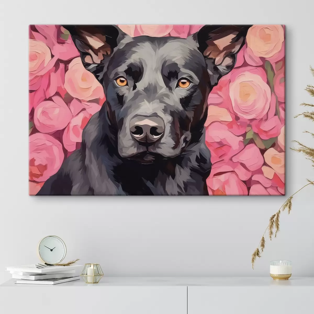 Tableau Chien noir sur fond de roses abstraites s44817