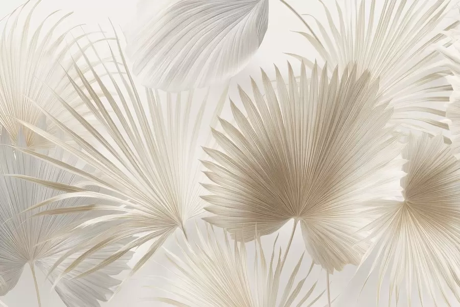 Papier peint Éventails de feuilles tropicales douces dans des tons beige clair et bleutés w09084