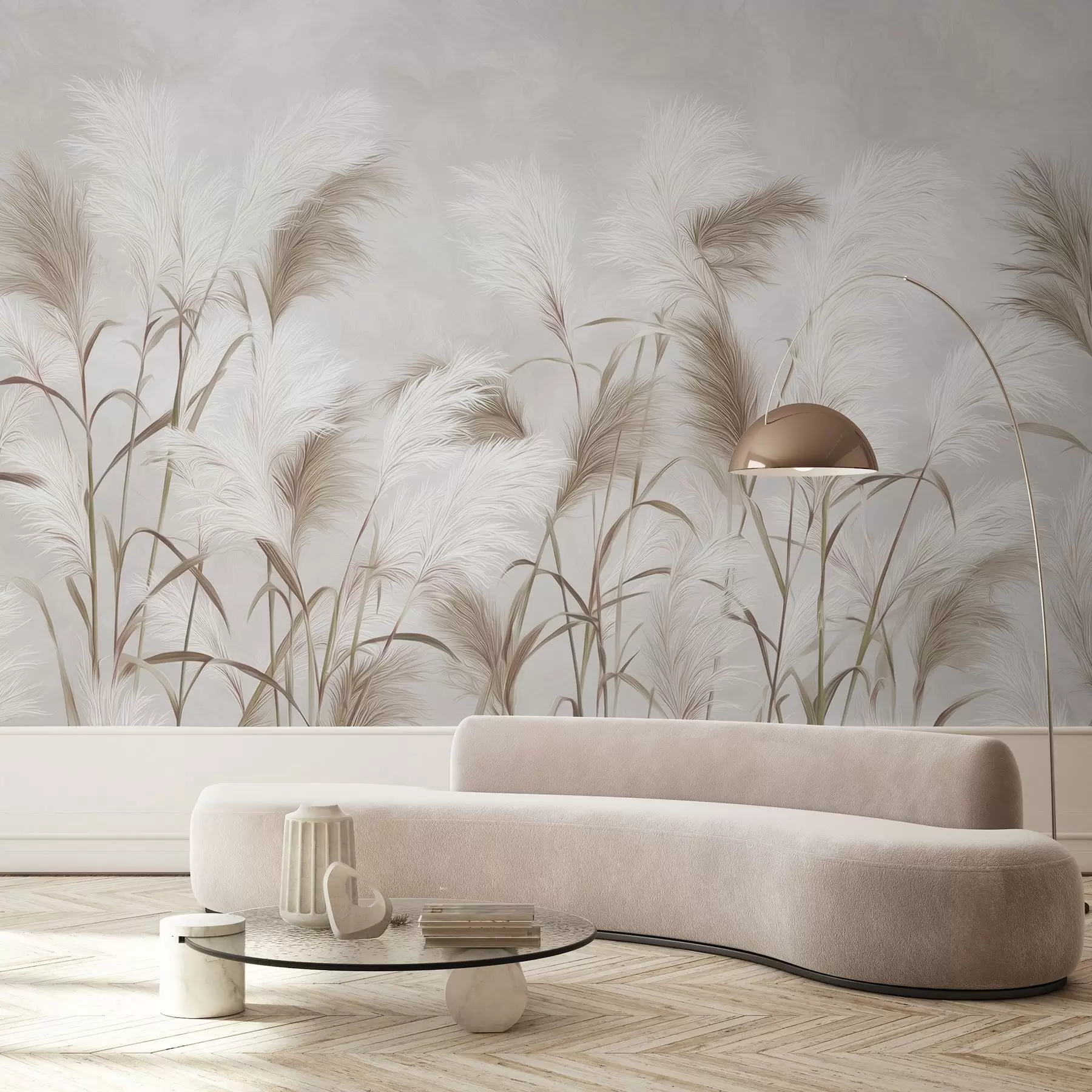 Papier peint L'élégante herbe de la pampa fleurit dans des tons gris et bruns w09150