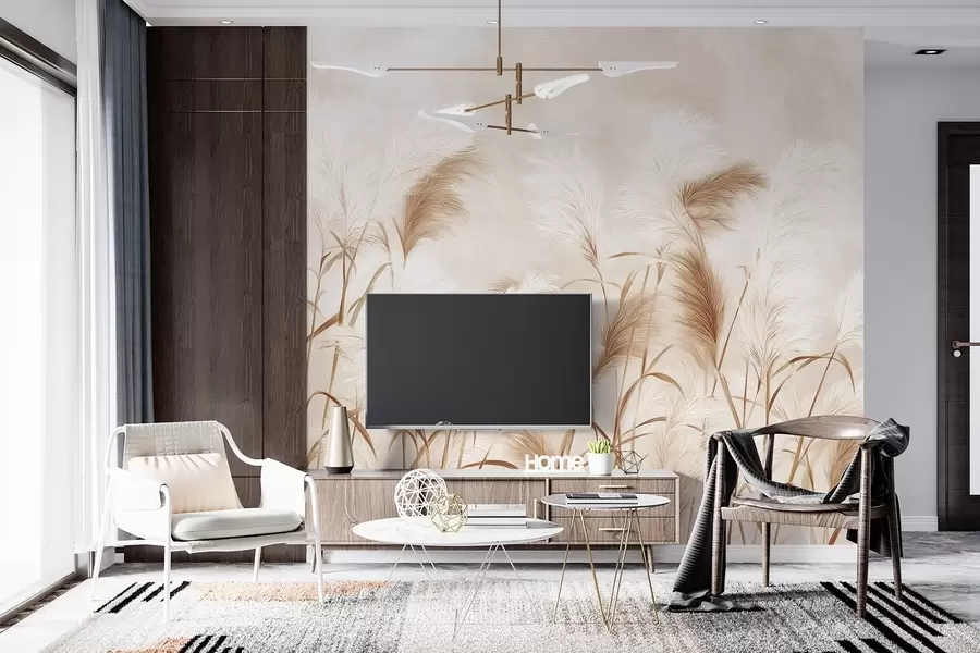 Papier peint Élégantes fleurs d'herbe de la pampa dans des tons doux, beiges et laiteux w09150v1