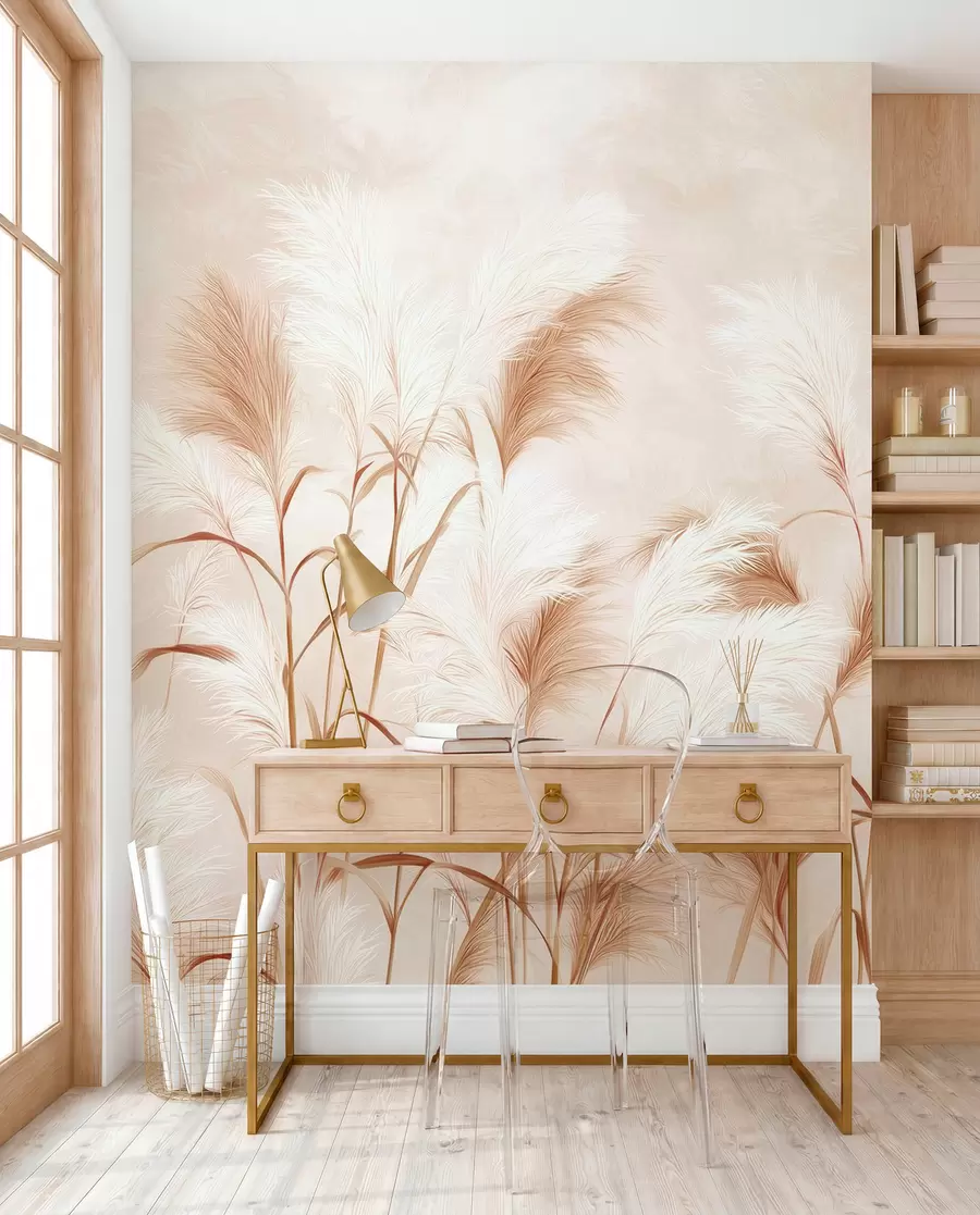 Papier peint Élégantes fleurs d'herbe de la pampa dans des tons doux, beiges et laiteux w09150v1