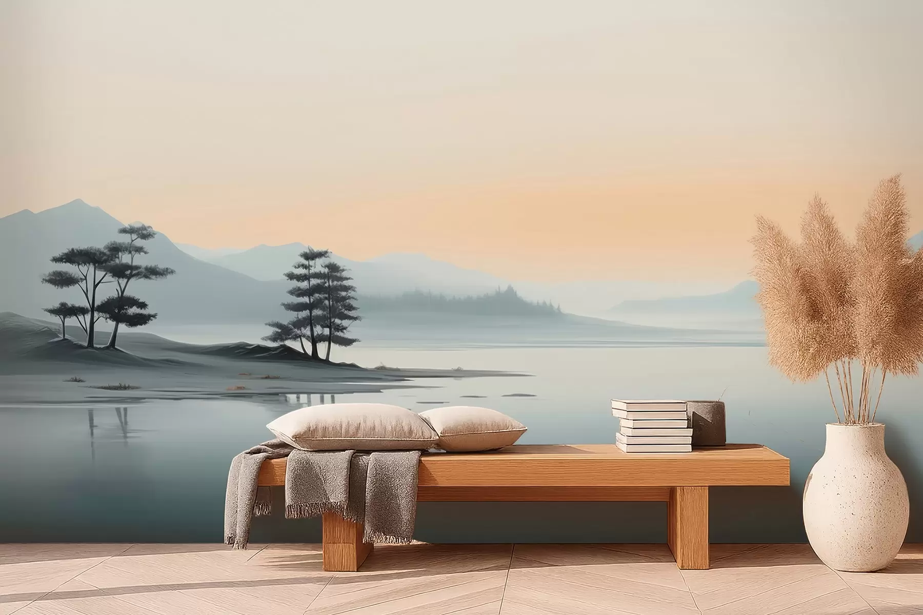 Papier peint Paysage minimaliste avec des montagnes brumeuses et un lac w09151