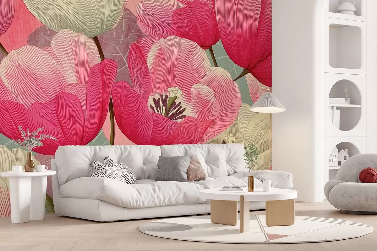 Papier peint Coquelicots vifs avec feuilles graphiques en arrière-plan w09152
