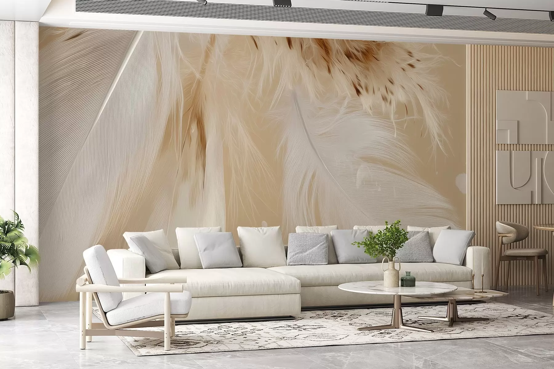Papier peint Plumes légères dans des tons chauds de beige et de blanc w09153