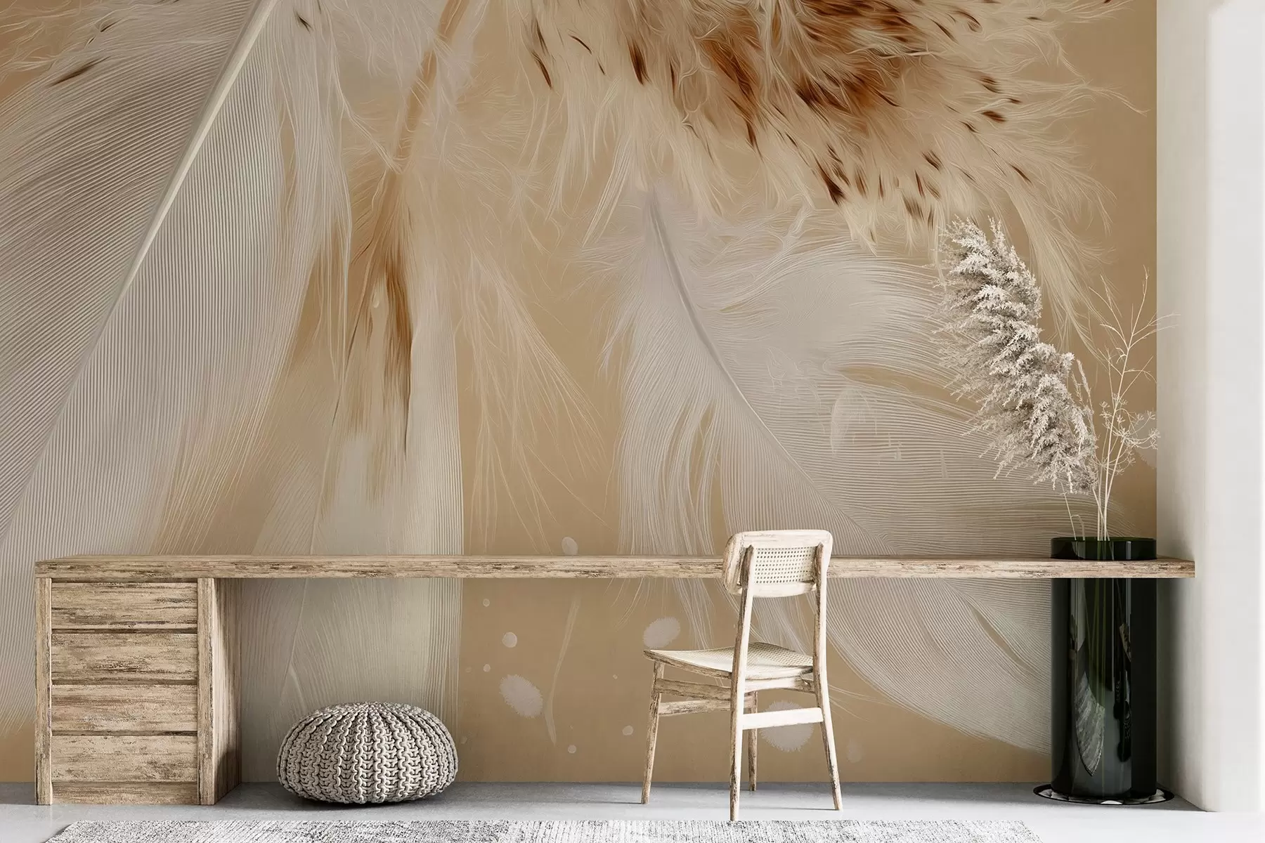 Papier peint Plumes légères dans des tons chauds de beige et de blanc w09153