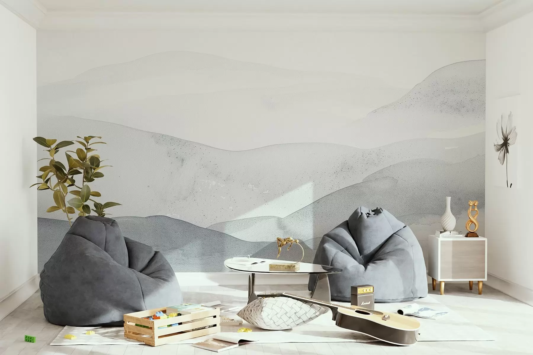Papier peint Montagnes brumeuses minimalistes dans des tons bleus doux w09223v2