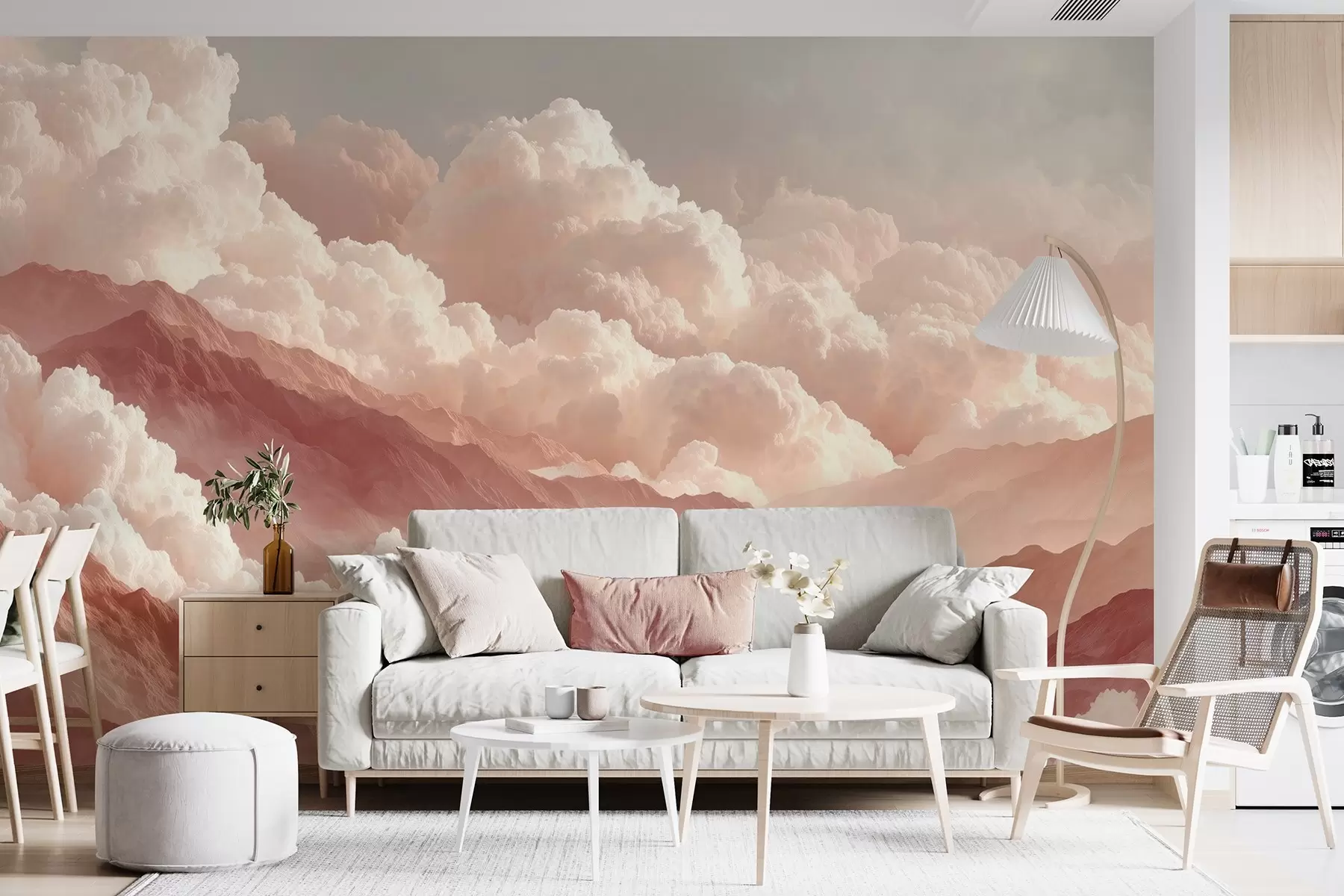 Papier peint Lever de soleil chaud sur les montagnes avec des nuages floconneux w09226