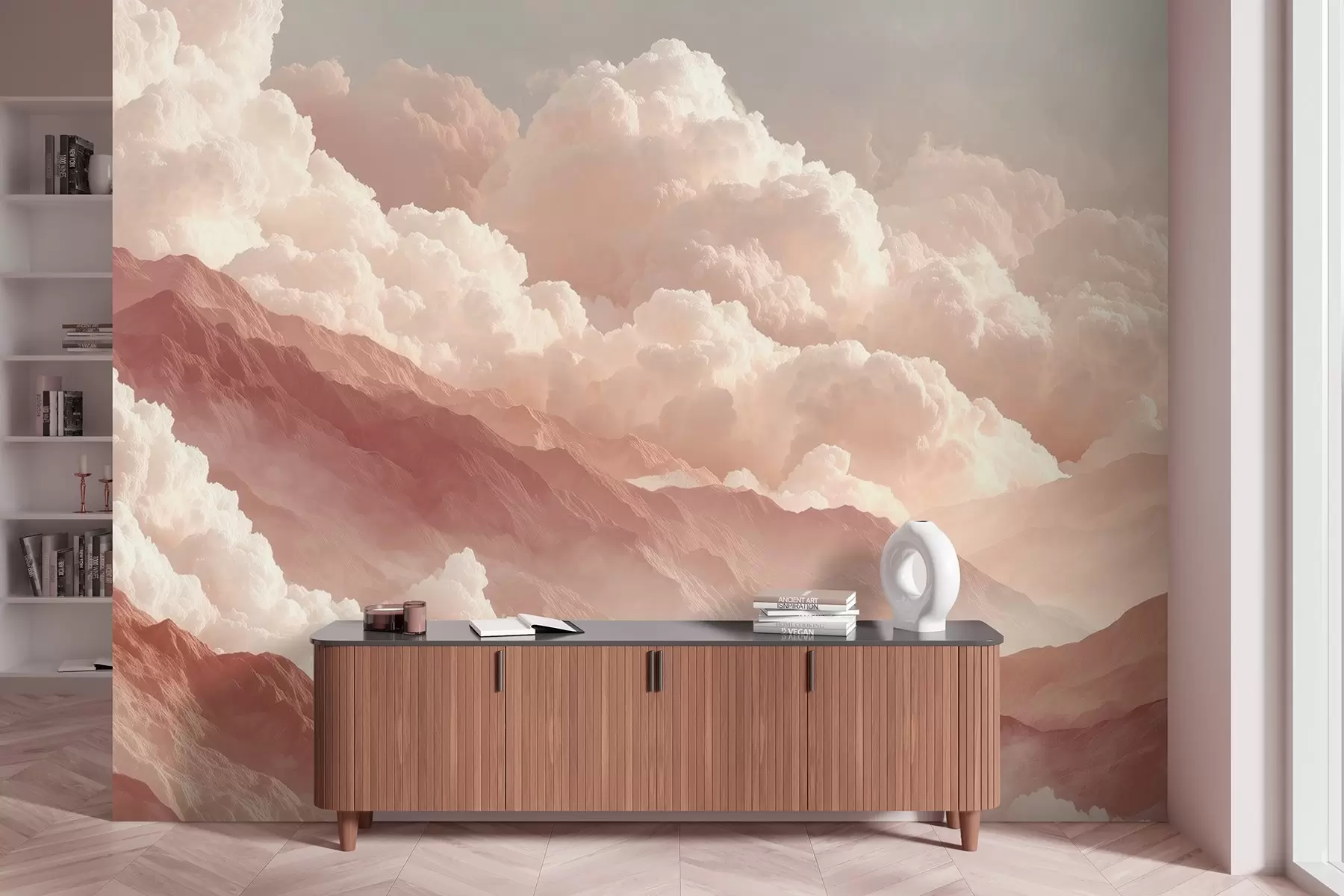 Papier peint Lever de soleil chaud sur les montagnes avec des nuages floconneux w09226